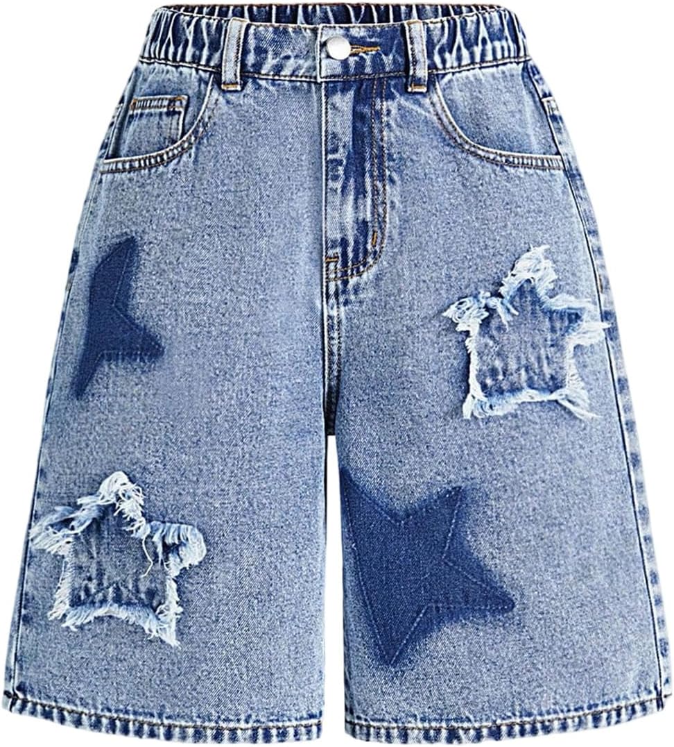 GORGLITTER Girl's Jean Shorts Cute Jorts Star Ripped Distressed Denim Shorts High Waist Wide Leg Clothes Summer Trendy