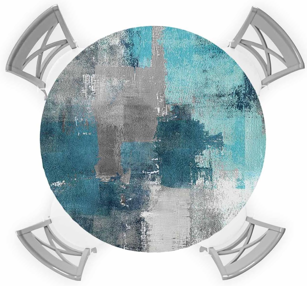 Round Fitted Tablecloth with Elastic Teal Gray Block Tablecloths Abstract Art Table Cover for Kitchen Dinner Party Picnic BBQ Garden Patio Home Decor Fits Tables up to 36"- 44" Diameter