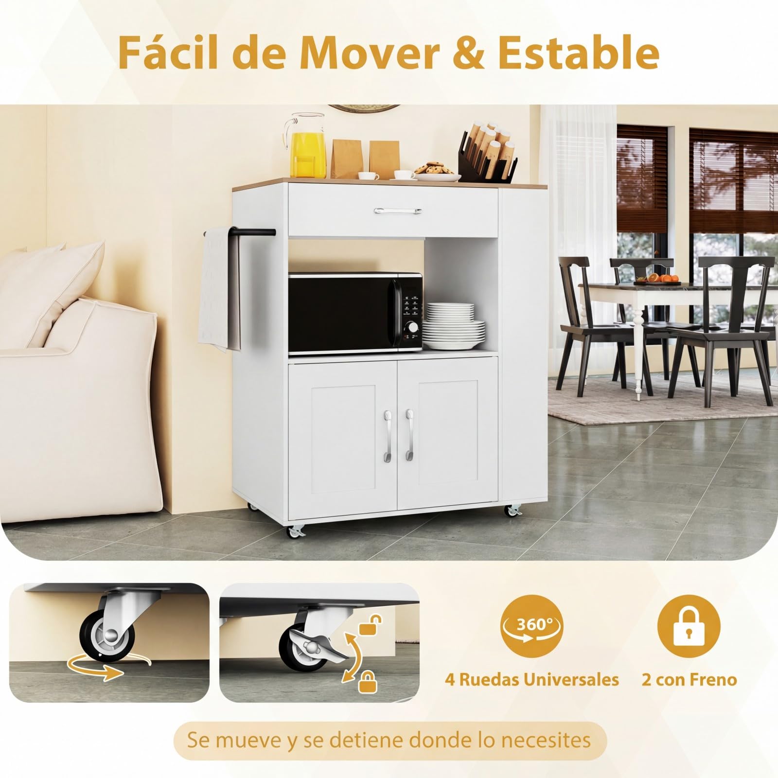 COSTWAY Carrito de Cocina con Ruedas y Estación de Carga, Armario de Sevicio Rodante con 3 Estantes Abiertos y un Cajón, Armario Grande de 2 Puertas (75 x 46 x 90,5 cm con Eschufe, Blanco)
