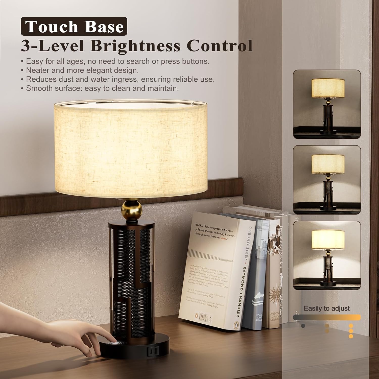 V07-2 21.65" Farmhouse Table Lamp, Rustic Bedside Nightstand Light with USB A+C Charging Ports for Nightstand Bedroom Study Living Room, 3-Way Dimmable Desk Lamp