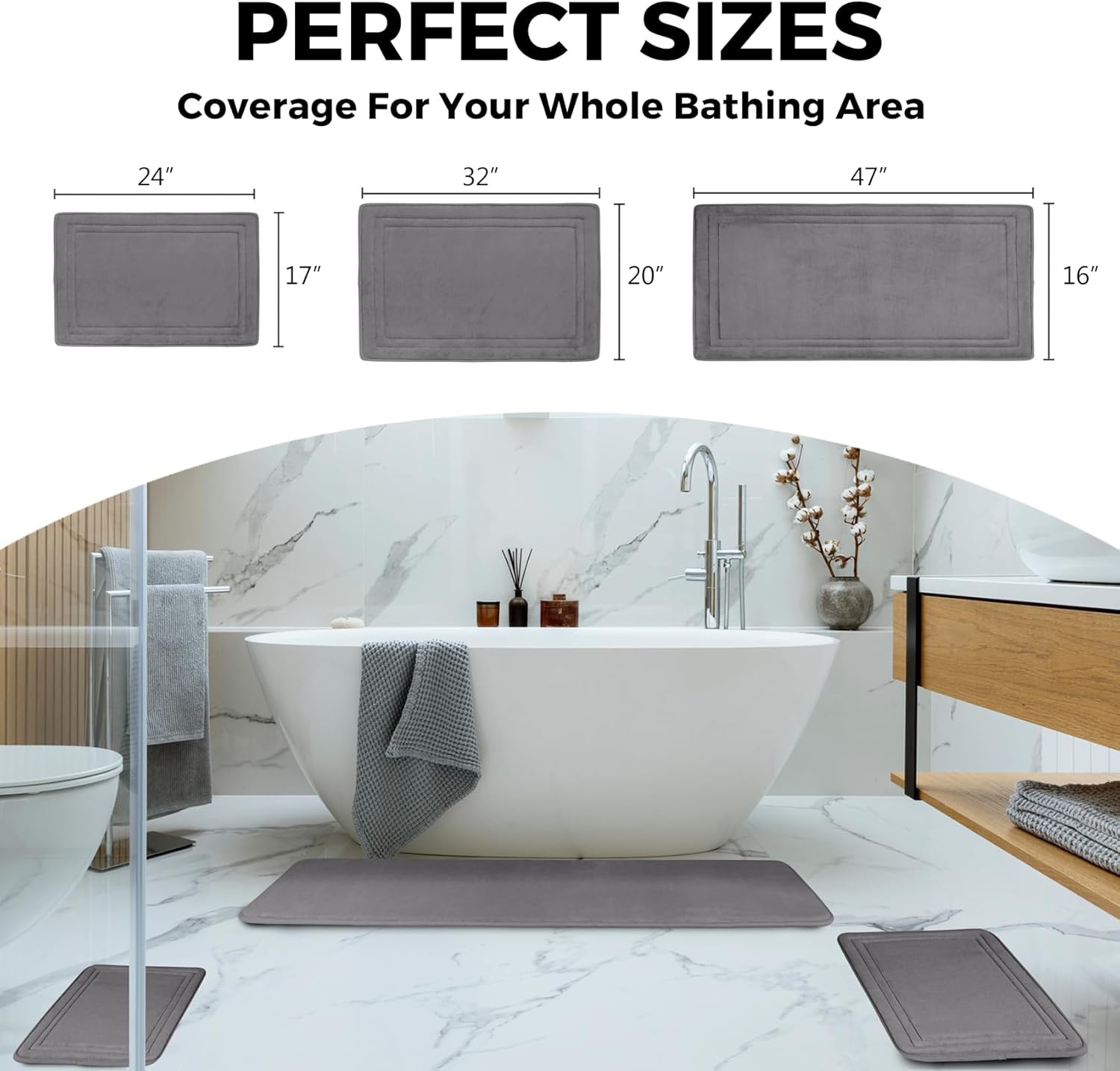 Grey Bath Mat Runner Long Narrow Bathroom Rug Memory Foam Microfiber Bathroom Carpet Non Slip Soft Absorbent Washable Bathrug,16" x 47" - Image 7