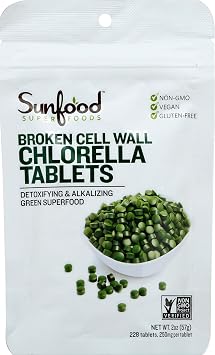 Sunfood Superfoods Broken Cell Wall Chlorella Tablets - Chlorophyll, Chlorella Green Algae Tablets for Women & Men, Source of Protein, Iron, Beta Carotene & B Vitamins, Non GMO, Vegan - 2 oz Bag