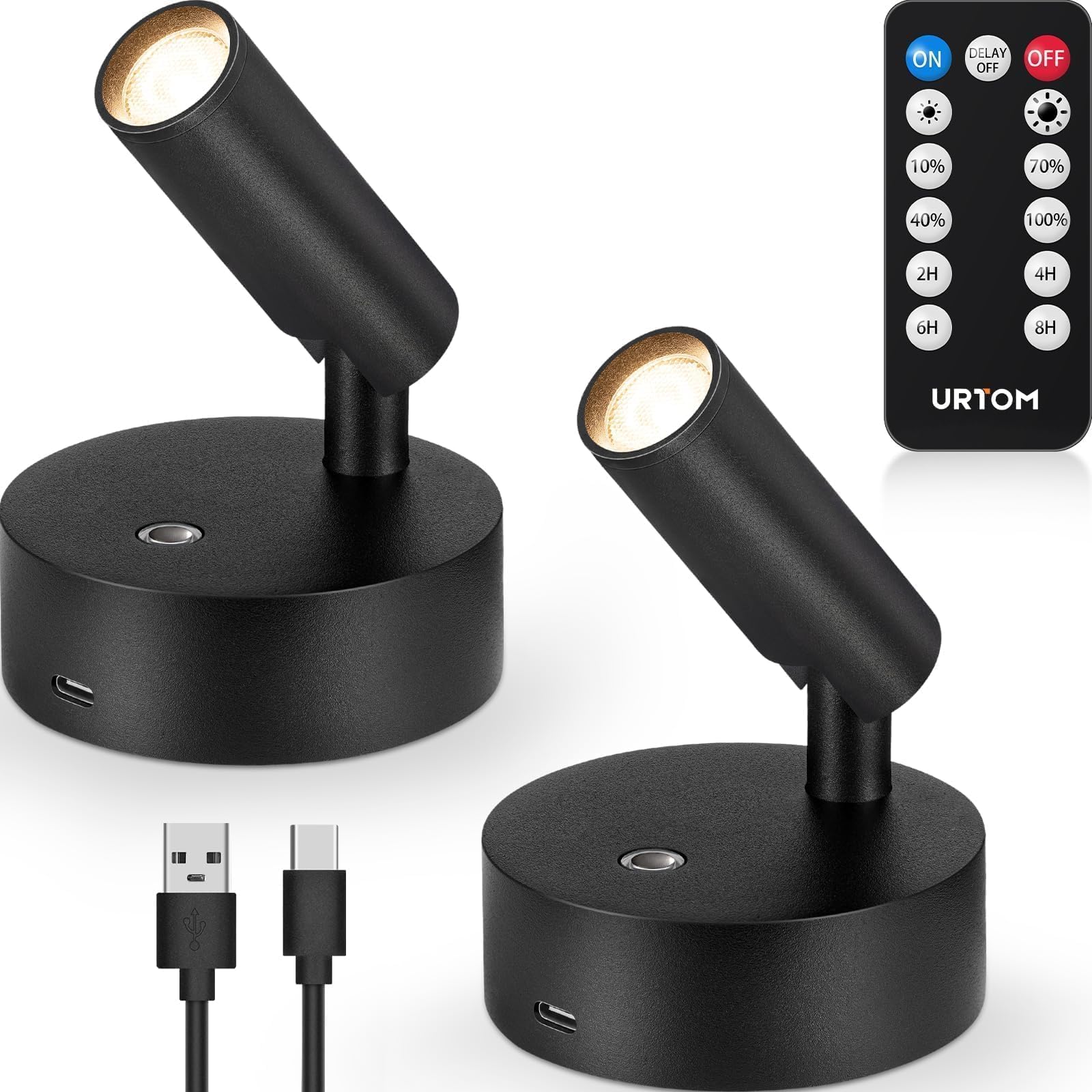 URTOM Lot de 2 spots LED d'intérieur sans fil avec télécommande