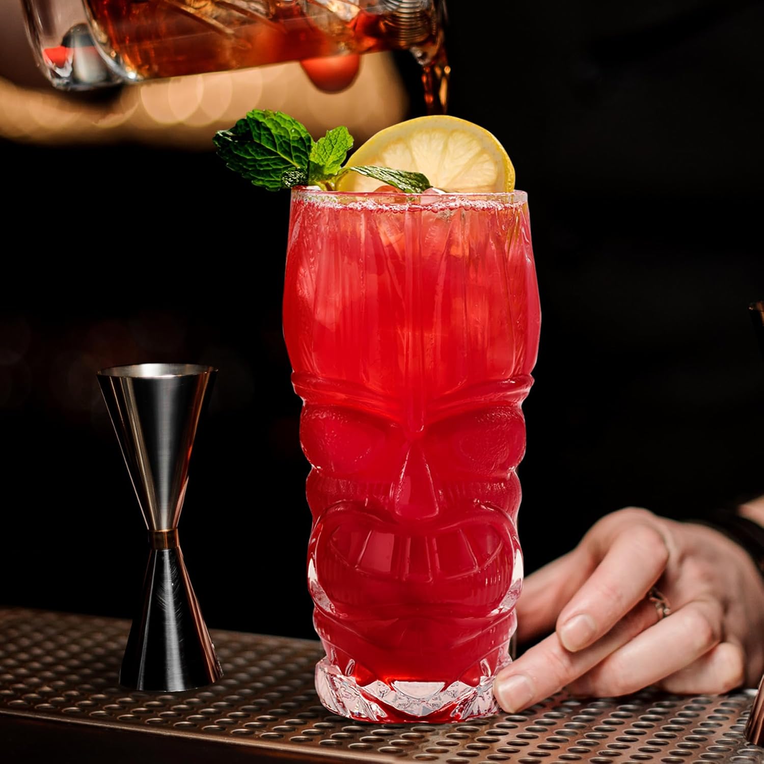 Set of 4, 16 Oz Clear Tiki Cups Tumbler Glass Set, Modern Tropical Tiki Bar Party Beverages Iced Tea - Image 3