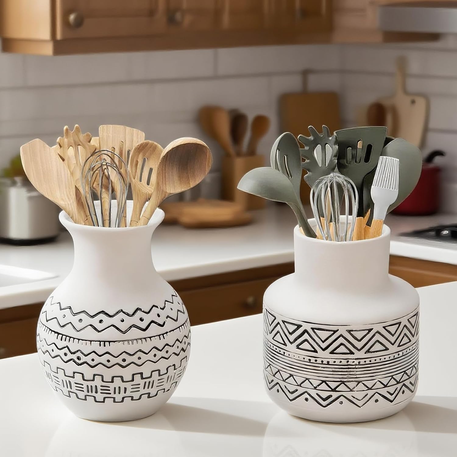 Handcrafted Ceramic Vase Set of 2 — Geometric Boho Farmhouse Flower Vase Centerpiece for Kitchen/Home Decor/Living Room, Ceramic Kitchen Utensil Holder for Countertop