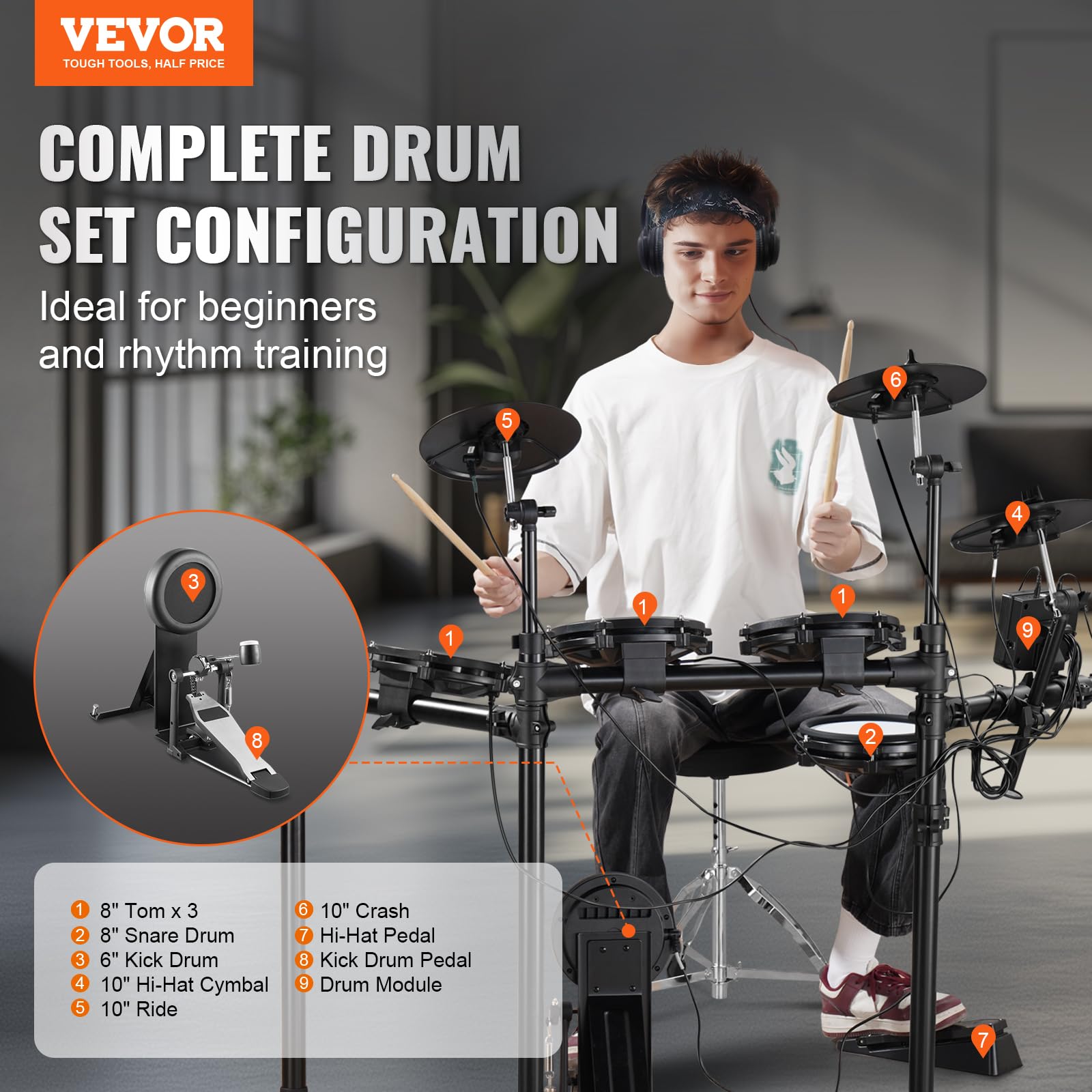 VEVOR E-Drum-Set, 32 Drum-Kits & 480 Sounds Elektronisches Schlagzeug, USB MIDI-unterstütztes 20,32 cm Leises Mesh-Snare-E-Drum-Set mit 25,4 cm Becken, Drum-Sticks & Kopfhörer, E-Drums