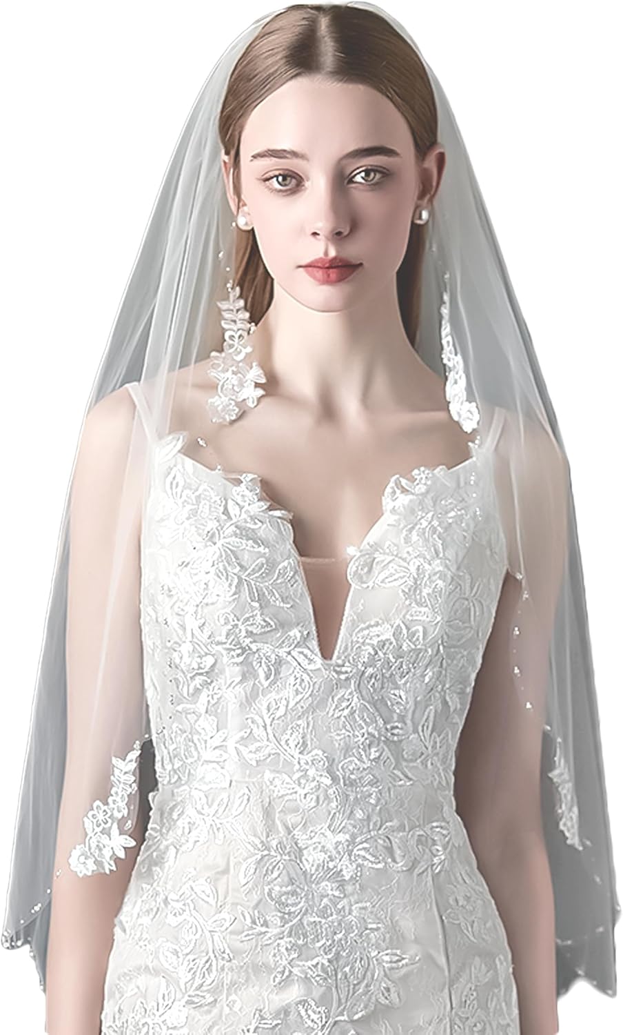 YAEISM Flower Lace Wedding Veil Pearl Edge Beaded Bridal Veil Elegant