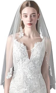 Flower Lace Wedding Veil Pearl Edge Beaded Bridal Veil Elegant Floral Embroided Trim Bachelorette Party Veil 1 Tier Waist Length Ivory Veils for Brides