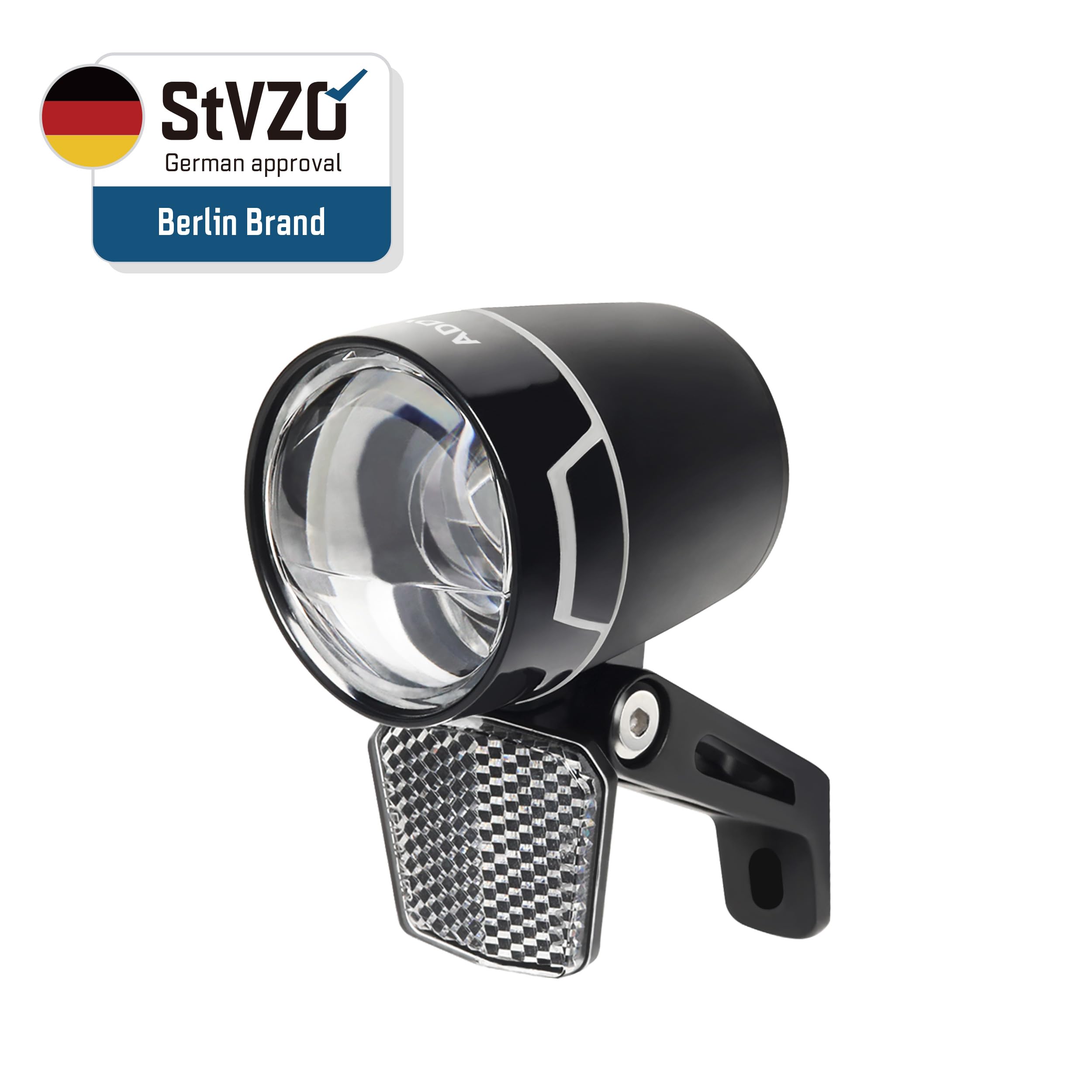 ADDVIEW Luce anteriore per bicicletta elettrica 100 Lux Nova E100 – Omologato StVZO, IP65 impermeabile, LED con tecnologia a doppia lente, per 6 V – 48 V DC, alloggiamento in alluminio, cono di luce