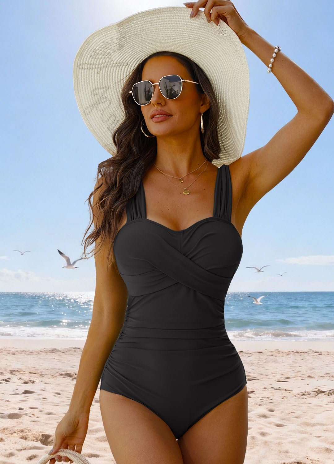 Yutdeng Jednoczęściowy kostium kąpielowy damski, wyszczuplający brzuch, wysoka talia, jednoczęściowy, moda kąpielowa, push up, seksowny, monokini z dekoltem w kształcie litery V, szerokie ramiączka