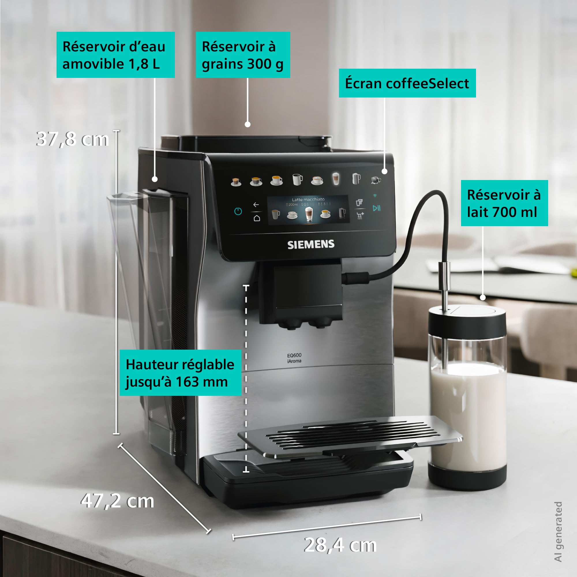 SIEMENS EQ600 iAroma, machine à café automatique avec broyeur, écran tactile et réservoir à lait, cafés et boissons lactées jusqu’à 480 ml, inox, TP605EM3