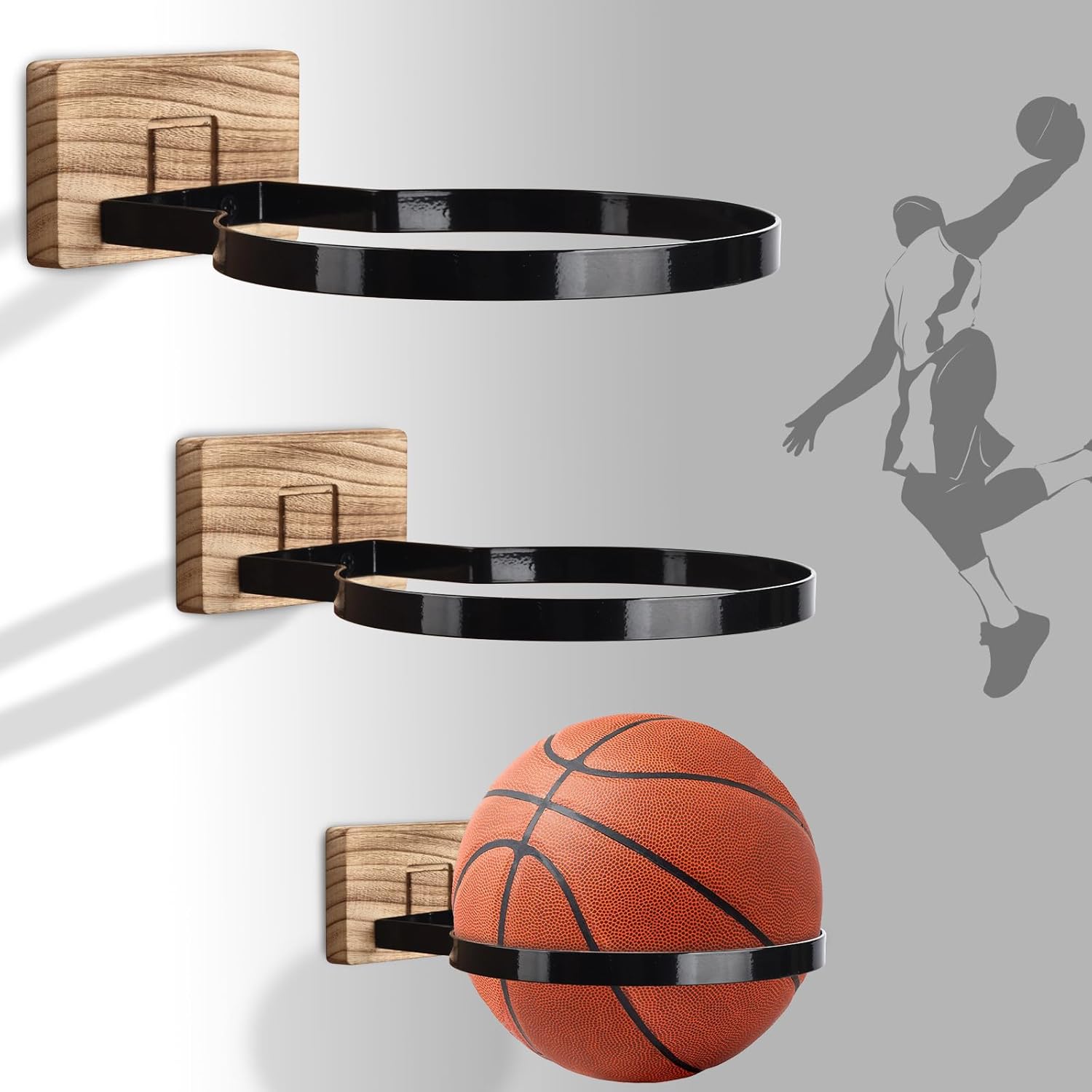 Basketball Holder Wall Mount, 7 Inch Wall Mount Ball Holder with Black Walnut Solid Wood Base & Metal Ring, Sports Storage Stand & Display Rack for Basketball, Football, Soccer Ball, Volleyball