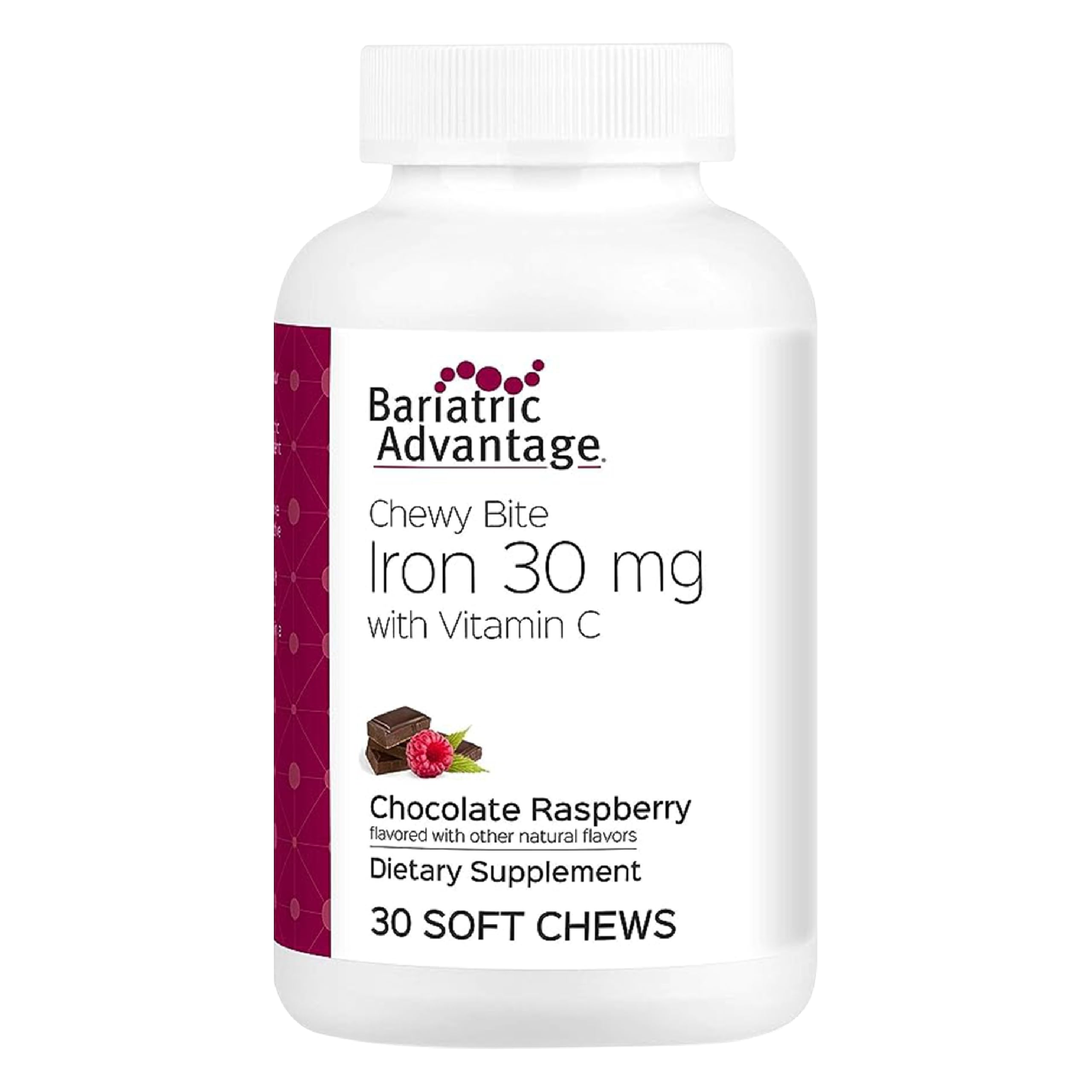 Iron 30 mg Chewy Bite with Vitamin C - for Bariatric Patients - Sugar-Free - Chocolate Raspberry - 30 Count