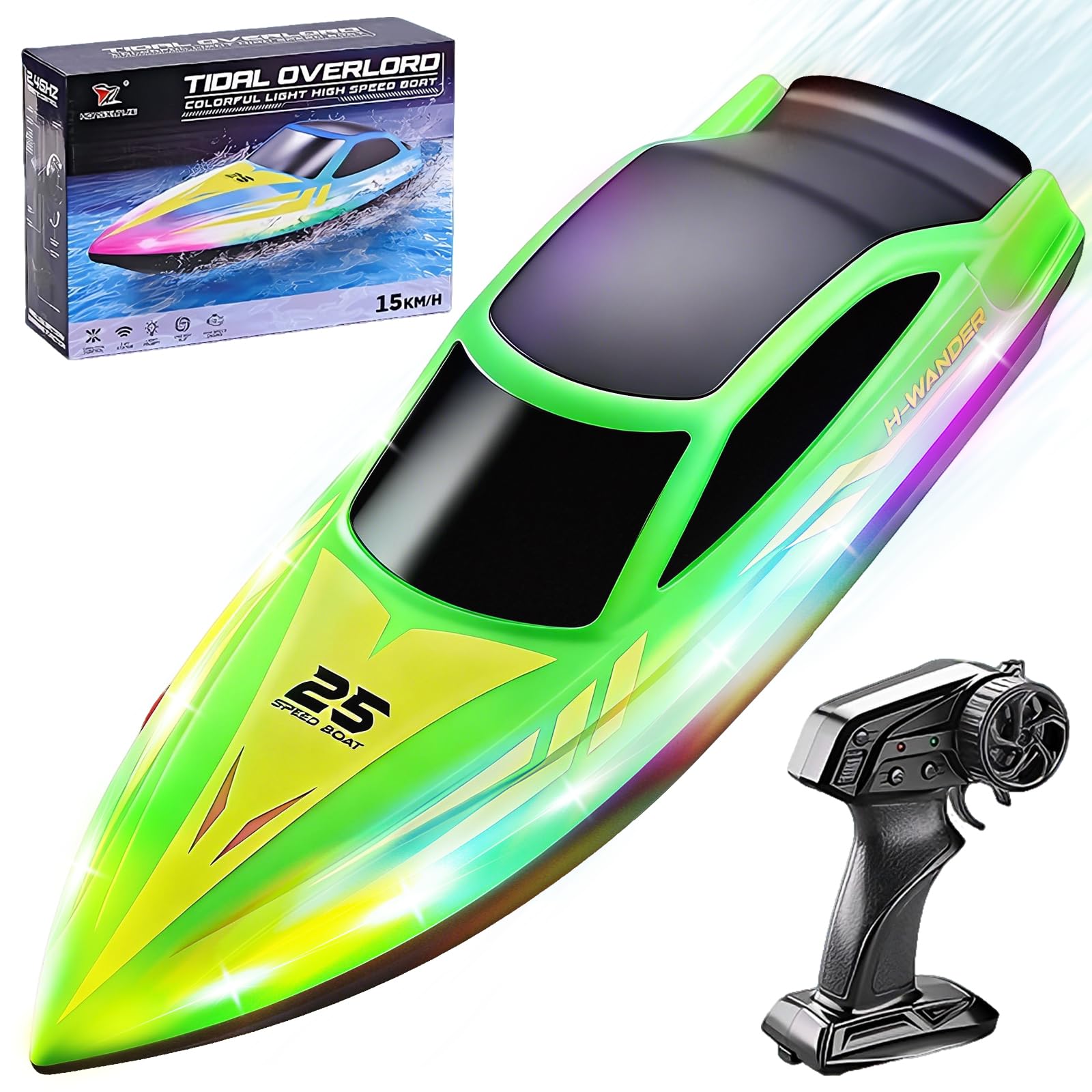 OBEST Barco Teledirigido con Luz LED para Niños,2,4 GHz Barco de Carreras RC de Alta Velocidad para Lagos/Piscinas/Estanques,Juguete Acuático de Regalo para Niños y Niñas