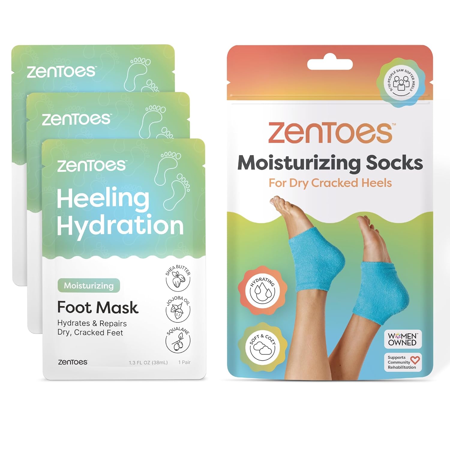 ZenToes Foot Care Bundle – Moisturizing Foot Masks with Shea Butter and Jojoba Oil (3 Pairs) + Hydrating Heel Socks with Vitamin E and Olive Oil (Fuzzy Blue, Regular Size)