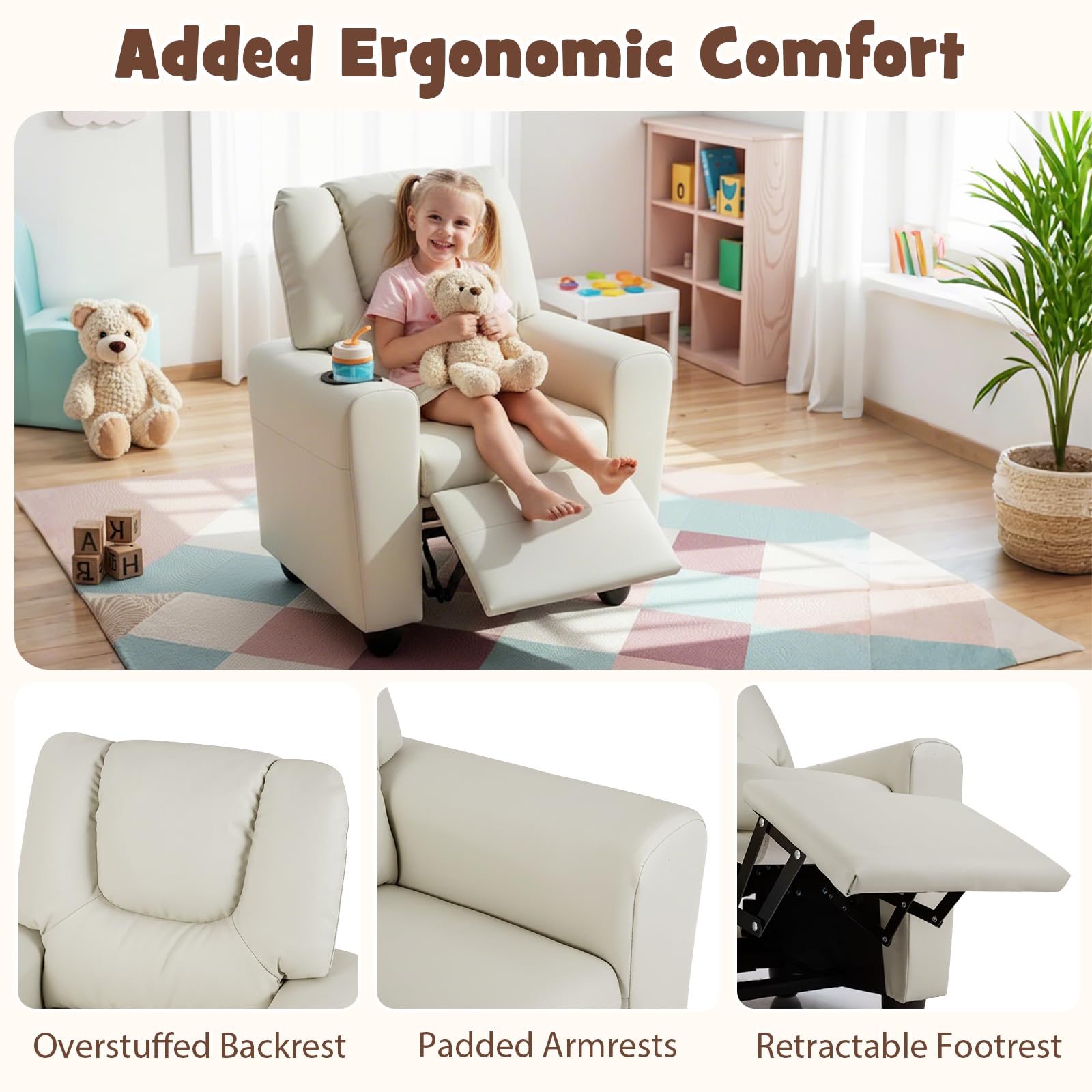 LIFEZEAL Sofá infantil, sillón infantil con función reclinable, sillón relax 2 en 1 para niños, sofá infantil con reposapiés ajustable y soporte para bebidas, sofá pequeño para habitación infantil