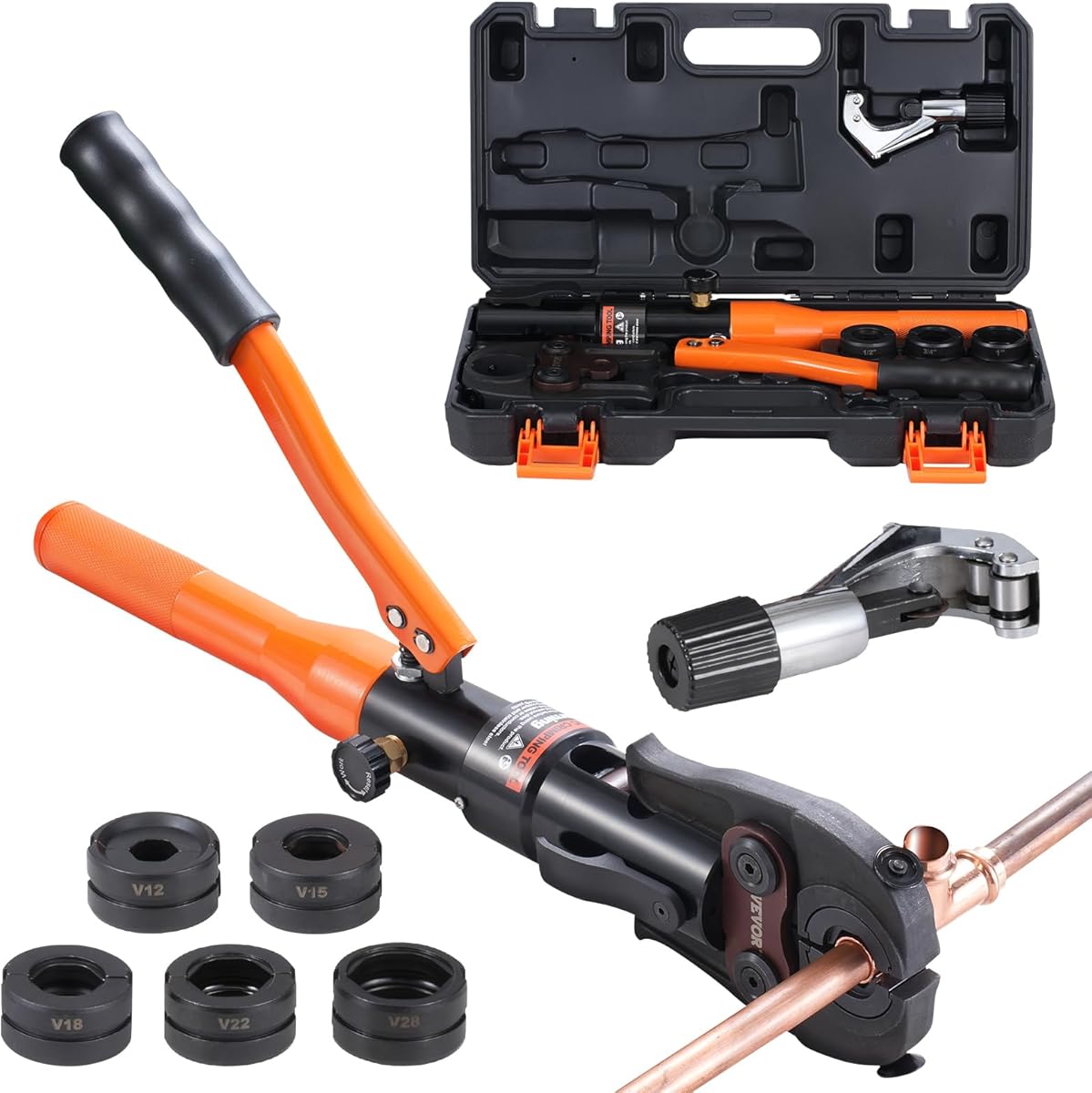 VEVOR Hydraulische Presszange, Rohrpresszange mit V12, V15, V18, V22, V28 Schnellwechselbacken, 360° drehbares Crimpzange-Pressset für T-Verbindungen auf engstem Raum, hydraulisch angetrieben