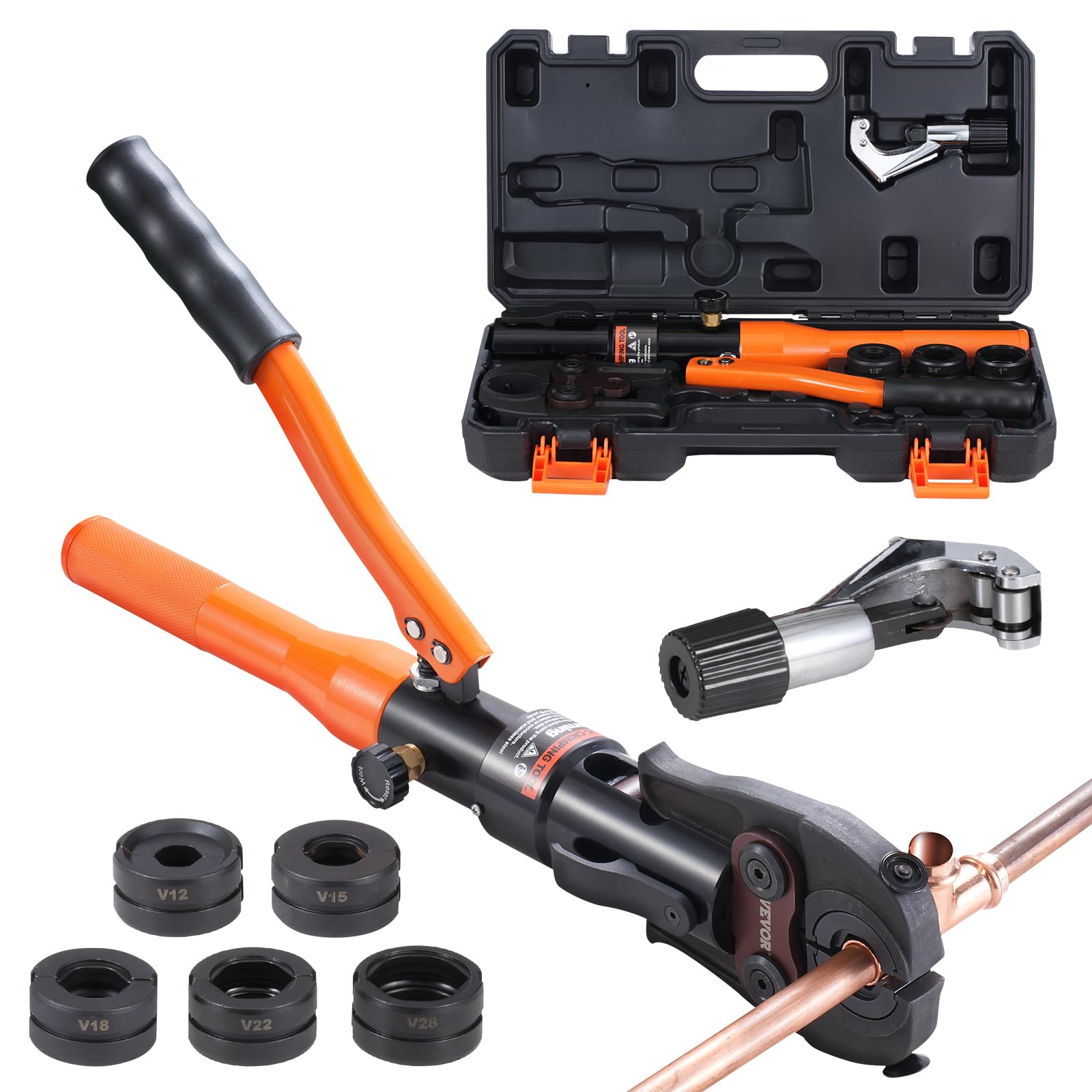 VEVOR Outil de sertissage hydraulique pour raccords de tubes en cuivre, pince à sertir avec mâchoires à changement rapide V12/​15/​18/​22/​28, 360 °, pour les espaces restreints et les raccords en T