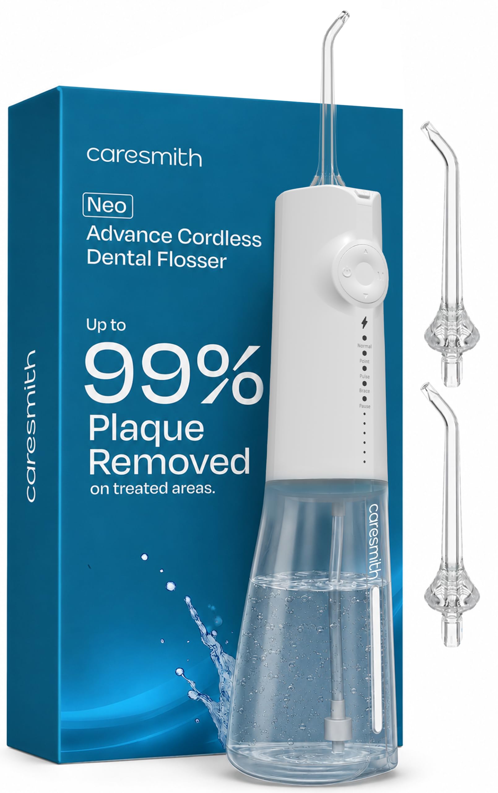 Caresmith Neo Cordless Oral Flosser | 24 Pressure Settings with 5 Modes & 6 Intensities | 300 ml Large Detachable Water Tank | Dental Flosser for teeth | IPX7 Waterproof | 2 Jet Tips Provided (White)-image-36