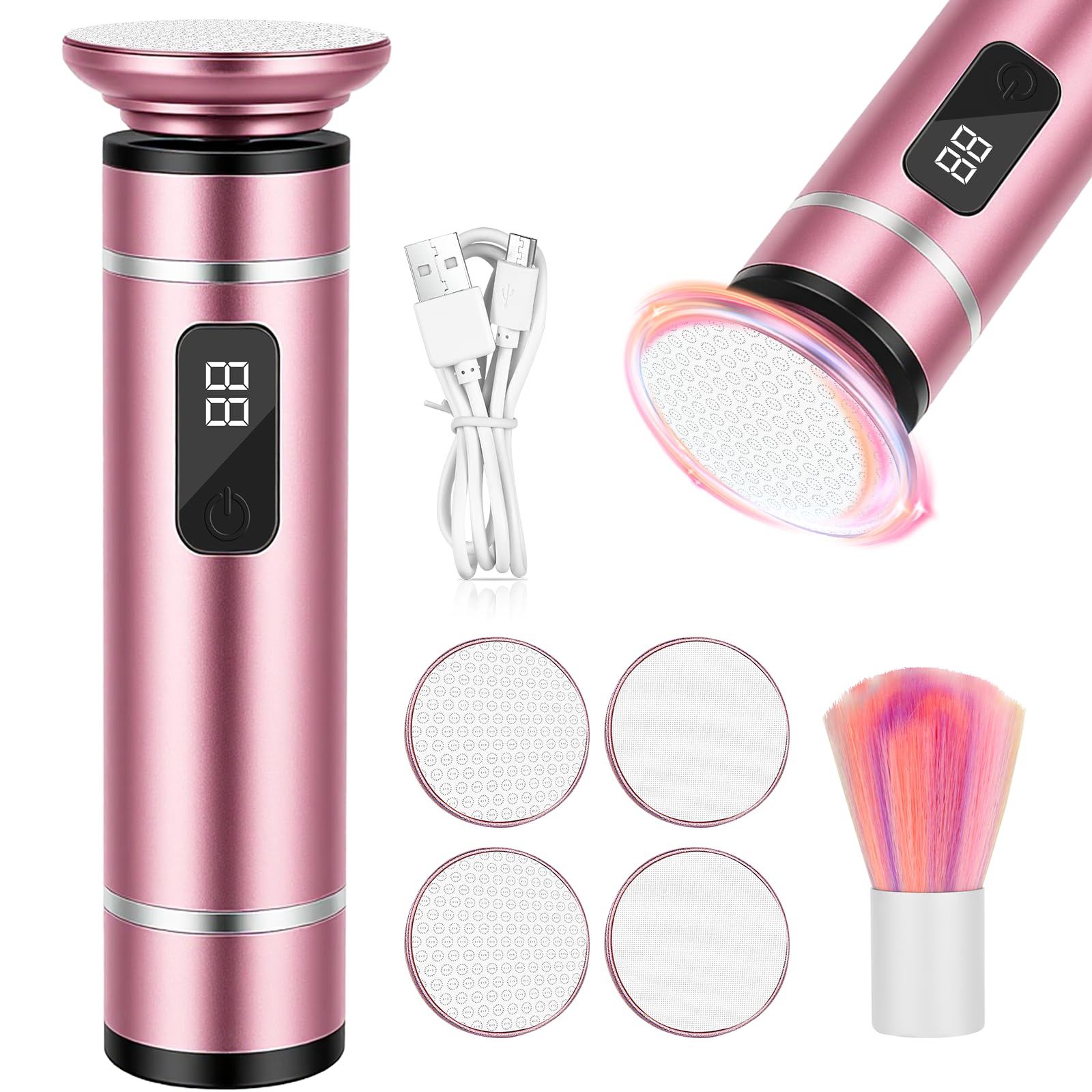 Ponceuse pour pied - Râpe électrique sans fil avec 4 embouts en verre nano - Vitesse réglable - Rape pieds pour talons fissurés, cors et callosités (Rose)