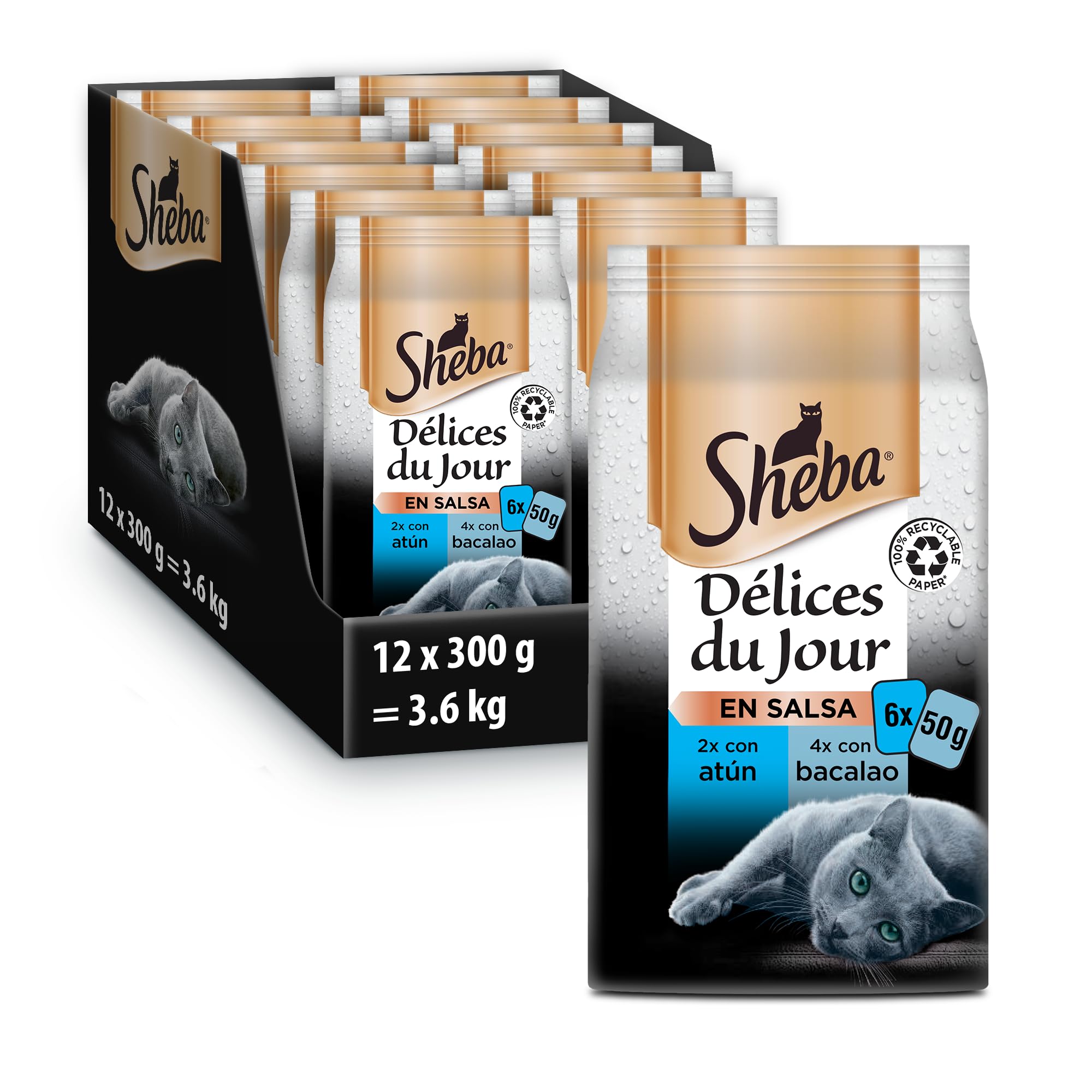 Sheba Délices du Jour Comida húmeda para Gatos, Sabor Pescado, Multipack (Pack de 12 x 6 bolsitas x 50g)