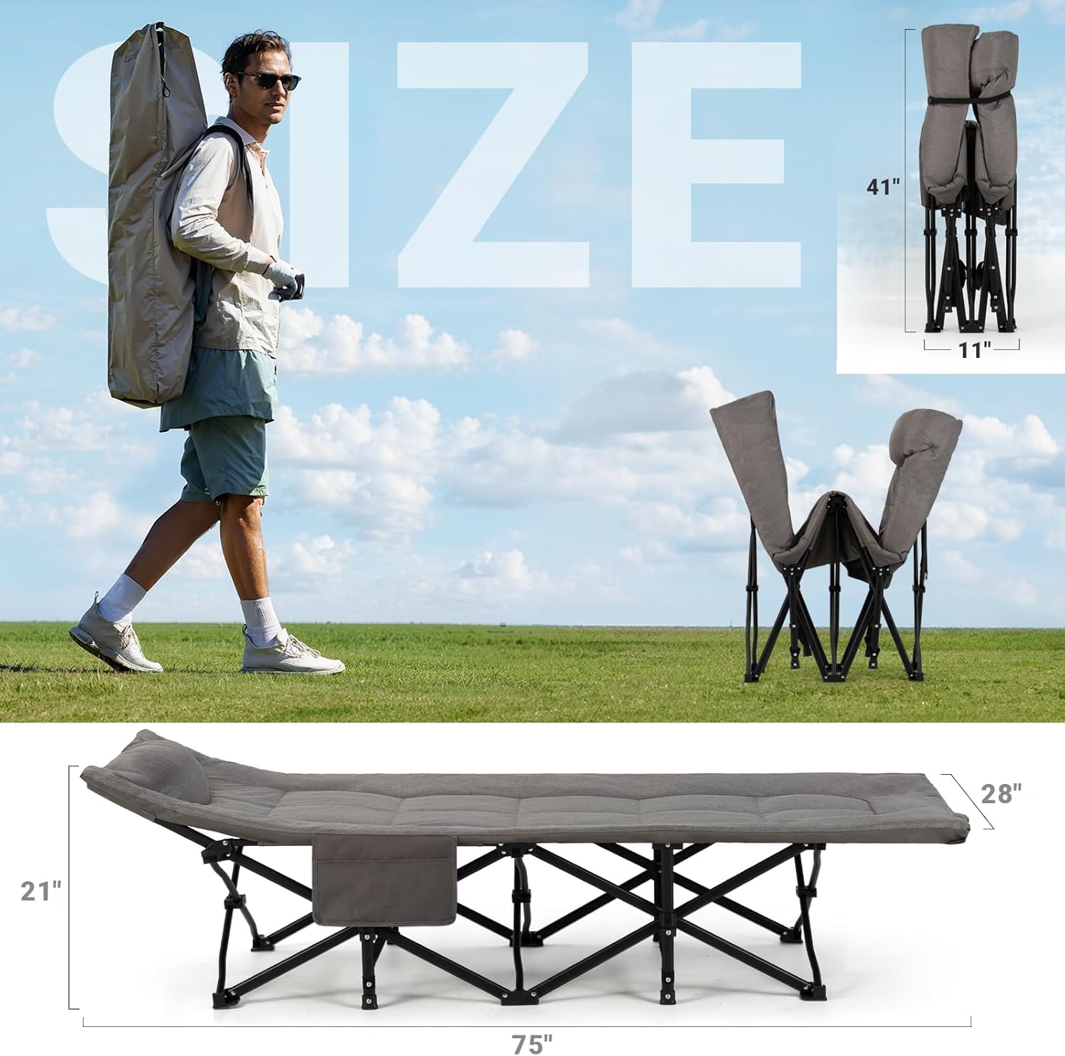 OVERMONT Lit de Camp Pliant avec Matelas Rembourré, Lit de Camping Pliable 190 x 70 x 40 cm, Supporte jusqu'à 250 kg, Confortable et Facile à Transporter pour Camping, Bureau, Jardin et Invités, Gris