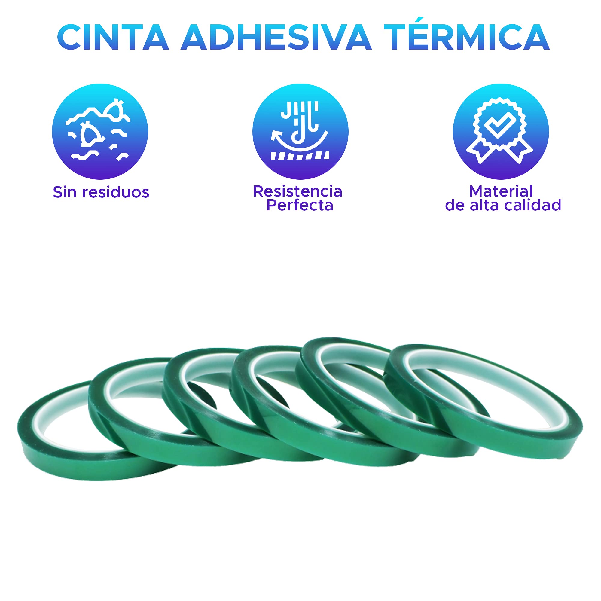 PACK 6 unidades de Cinta Térmica Adhesiva verde especial para sublimar, resistente a altas temperaturas |No Mancha