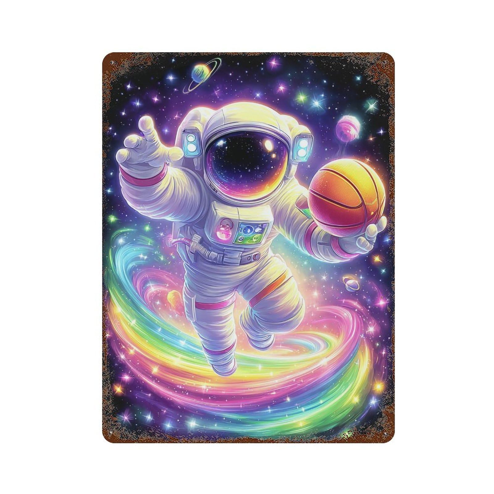 Garage Style Cosmic Basketball Adventure Rusty Metal Tin Sign 15.7"x11.8", Classic Wall Plaque for Bar And Workshop