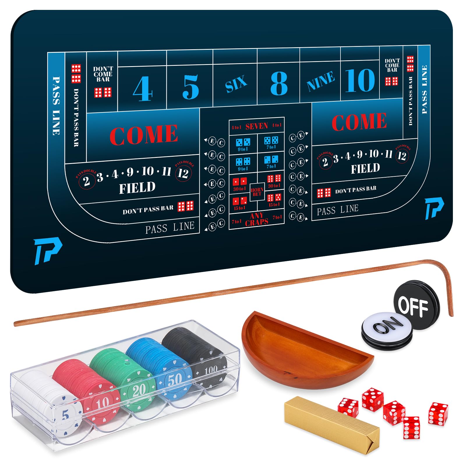 Proshine Craps Tischspiel-Set mit 88,9 x 177,8 cm großen Gummi-Matte, 91,4 cm Rattan-Stab, 19 mm Würfel, Ein-/Aus-Taste und 100 Chips, Craps-Spiel-Layout für Party - 1
