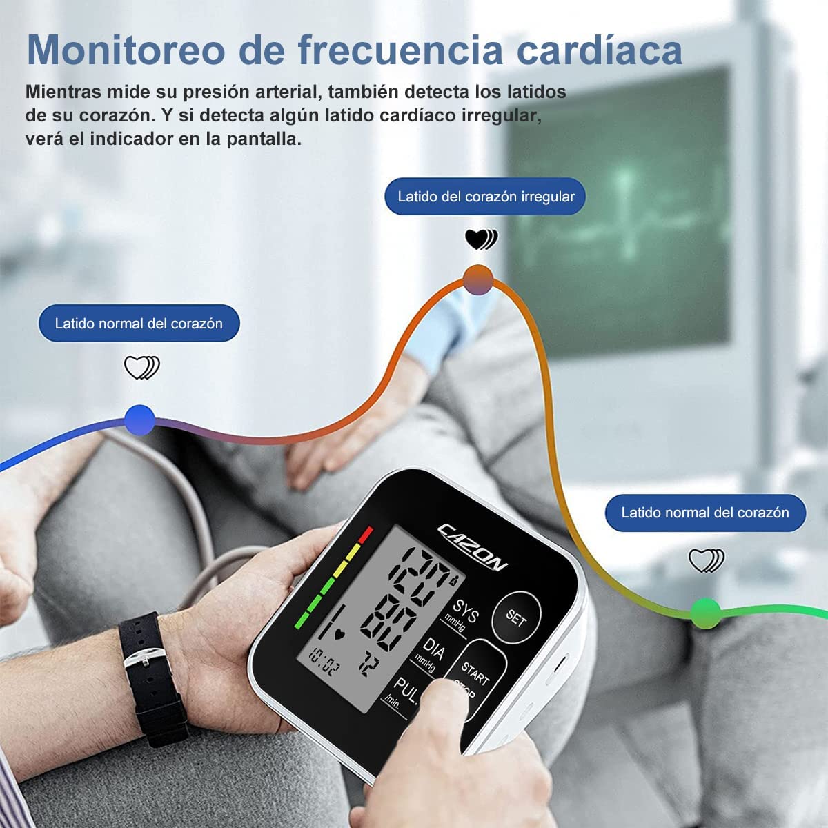 CAZON Tensiómetro de Brazo, Monitor de presiónarterial para uso doméstico. Detector electrónico defrecuencia cardiaca con brazalete 22-40cm,2X120memoria (Negro) — view 3
