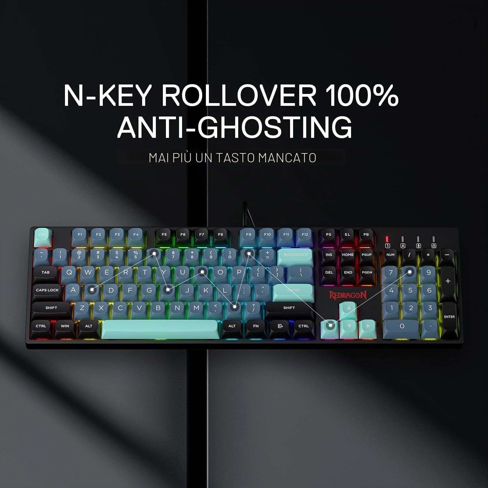 Redragon K582 SE Tastiera Gioco RGB 104 Tasti Hot-Swap PBT US | tastiera gioco RGB cablata 104 tasti meccanica hot-swap migliorata riduzione rumore tasti PBT colori misti US layout