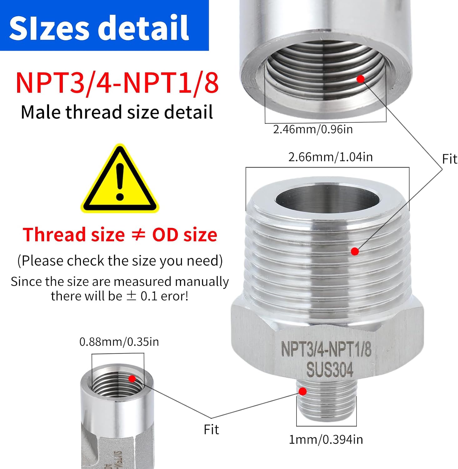 2 pack 3/4 to1/8male adapter,NPT3/4Male-NPT1/8Male nipple,Heavy-duty threaded pipe fitting, stainless steel304.