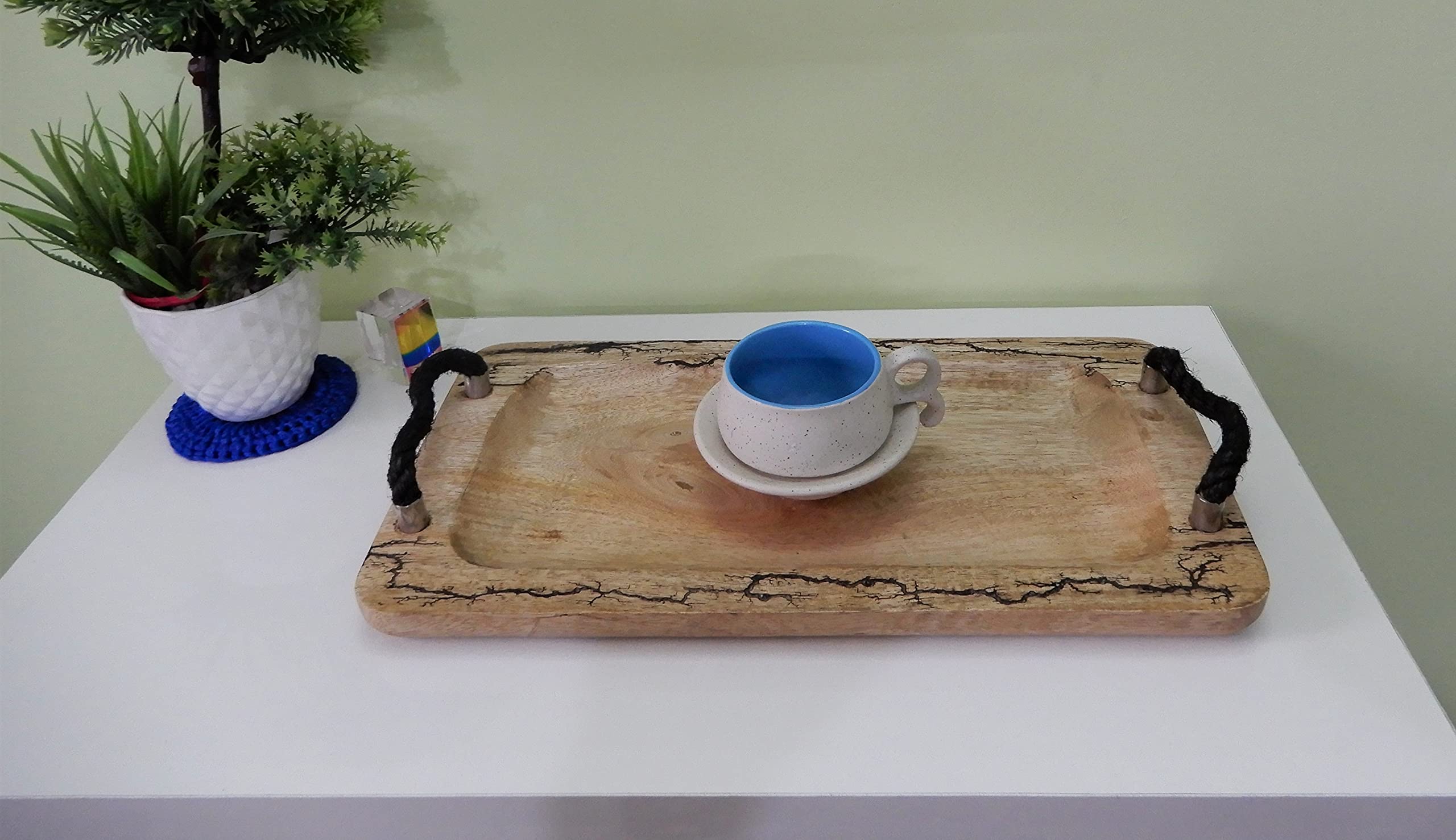 Disoo FashionsDisoo Fashions Wooden Square Tray with Special Burning Effects on Wood | Natural Wooden Light Brown Color | Rope Sturdy Handle | Medium Size (BlackRopeHandle)