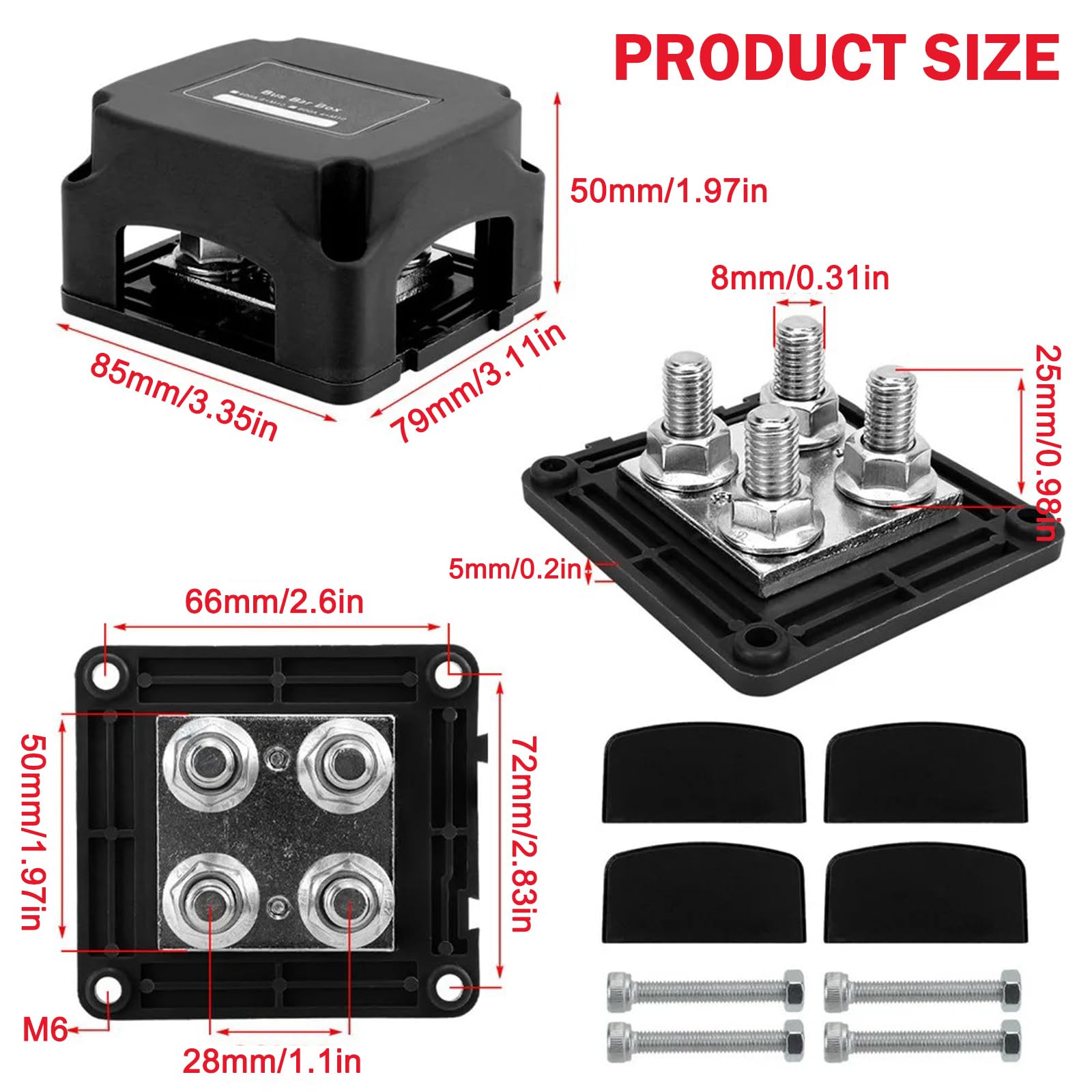400A Blocco di Distribuzione Dell'alimentazione 12V-48V, 4xM8 (5/16'') Busbar Distribution Block, Morsettiera di Alimentazione per Camper Auto Camion Barca Rosso e Nero 2 pezzi
