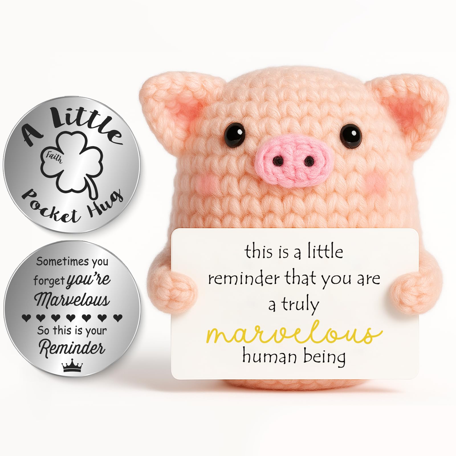 Tixlux Lucky Piggy Gifts for Women, Handmade Crochet Cute Piggy, with Pocket Hug Lucky Charm, Good Luck | Emotional Support | Get Well Soon | Encouragement | Birthday Gifts for Women Men