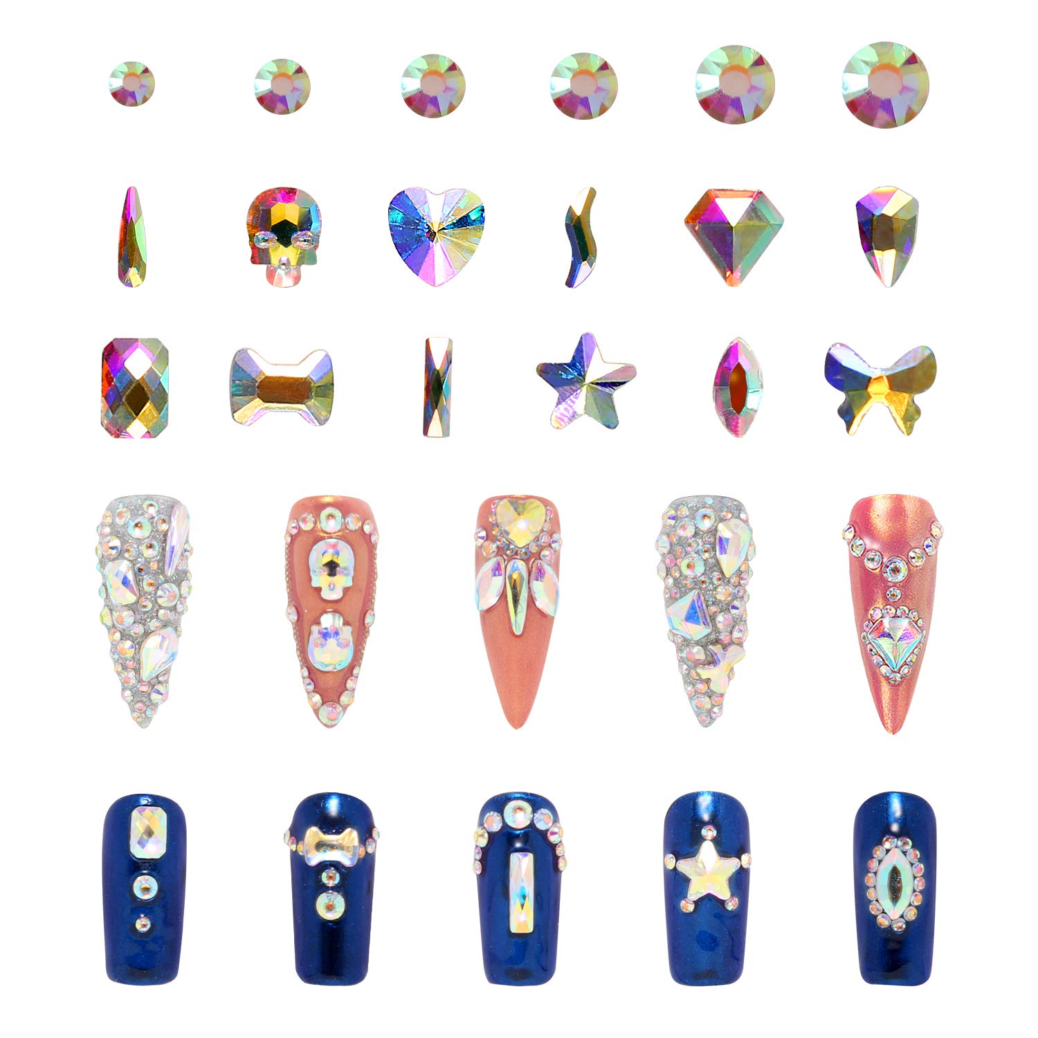 120+1728pcs Nails art Diamonds Set,Flat back gold bottom Multi shape glass crystal AB Nail Decorations rhinestones,Suitable for Nail Art DIY Crafts phone case Clothes Shoes Eye makeup