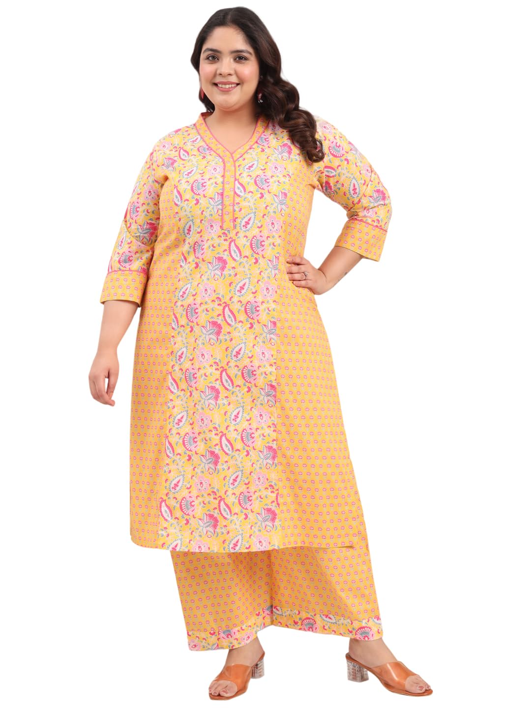Tissu Women's Plus Size Pure Cotton Yellow Floral Printed Kurta With Palazzo (738_Yellow_6Xl)