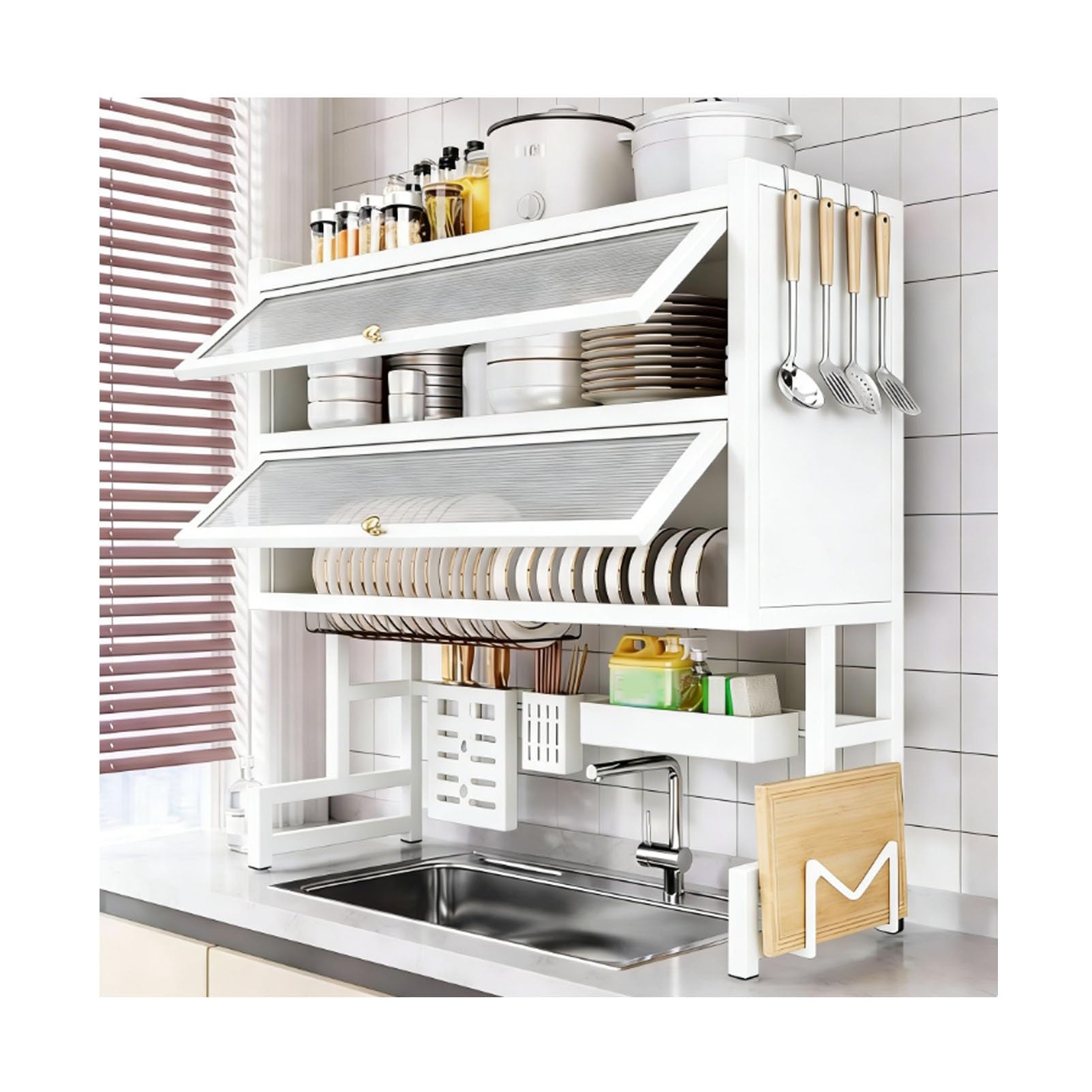 Over The Sink Dish Drying Rack, 3-Tier Stainless Steel with Cover & Knife Holder, Space-Saving Drain Rack for Kitchen Sink, Organizer for Dishes, Glasses, Bowls, Cutlery(White,65cm/25.6in)