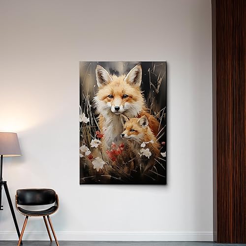 Miniatura 3 de Fox Mother Cub Prints, In The Style Of Stencil,Based, Ivory, Kids Wall Art, Kids Wall Art Display, Mom And Baby Animal Art Print, Canvas Prints, Art
