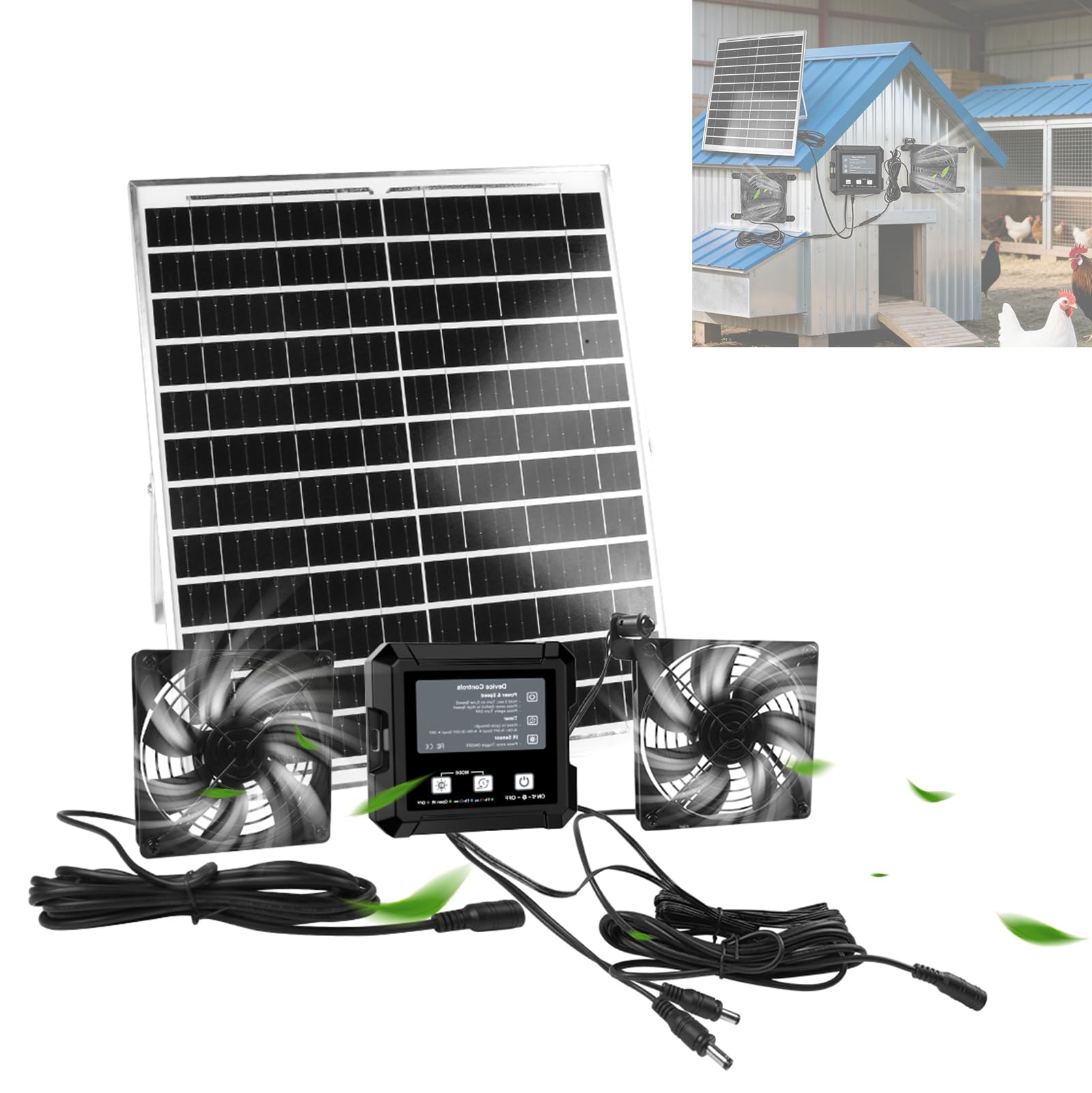 Kit de Ventilador Solar Exterior con Temporizador, 3 Modos, Doble Alimentación Panel Solar de 40 cm + Batería, con Dos Ventiladores para Gallinero, Caseta para Perros, Invernadero, Cobertizo de Jardín