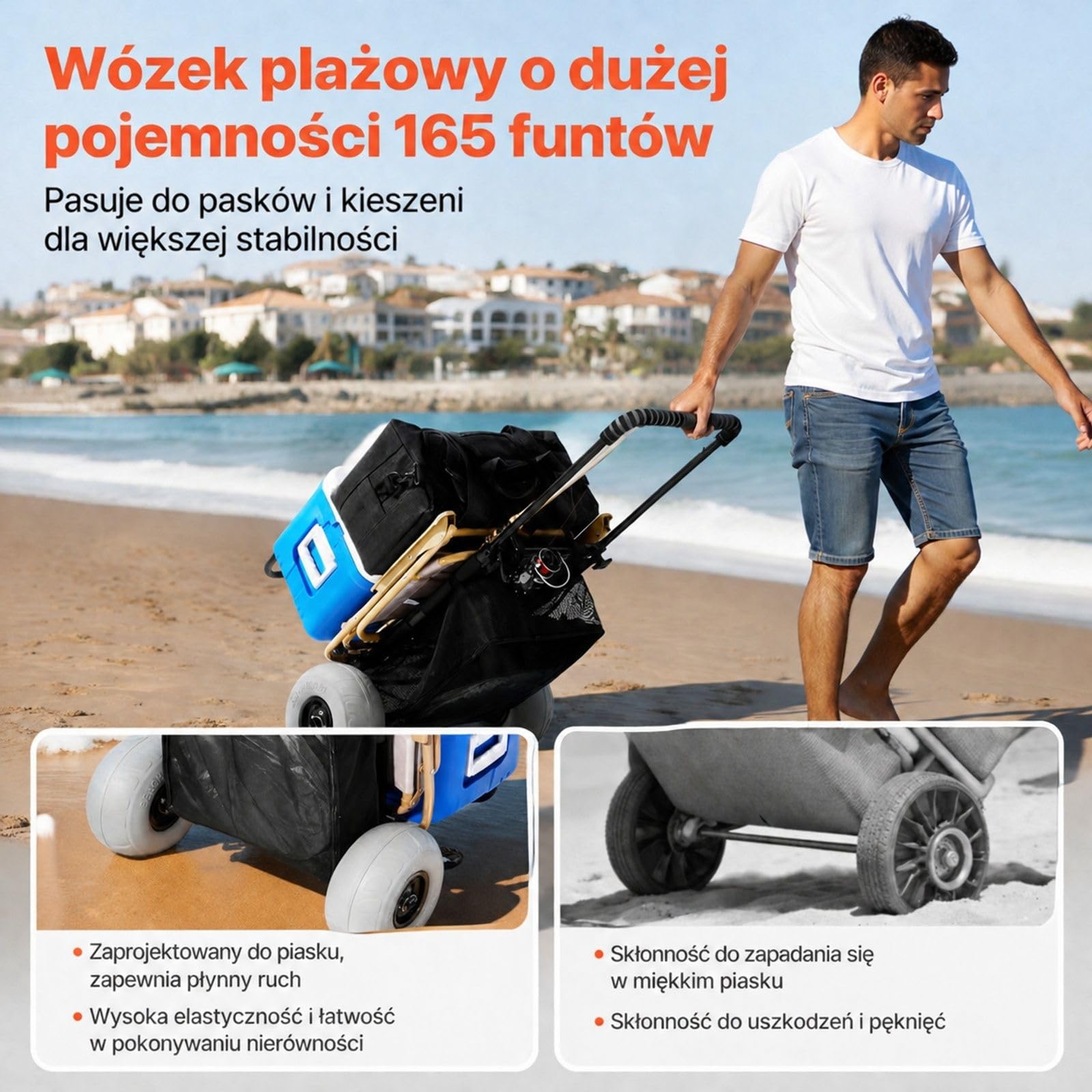 Składany stalowy wózek plażowy z dużymi kołami do piasku, siatkową torbą i akcesoriami do transportu na plaży