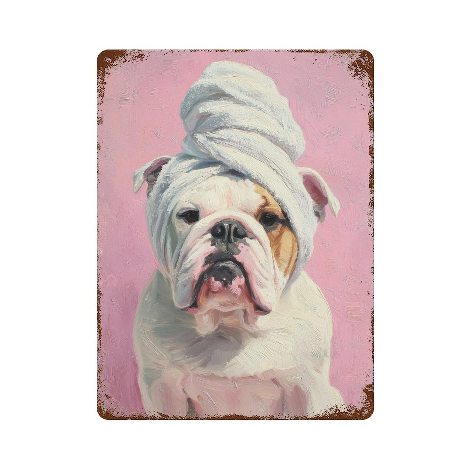 Bulldog with Towel on Head Rust Effect Tin Sign 15.7"x11.8", Vintage Wall Decor for Bistro, Counter And Cafe Decor
