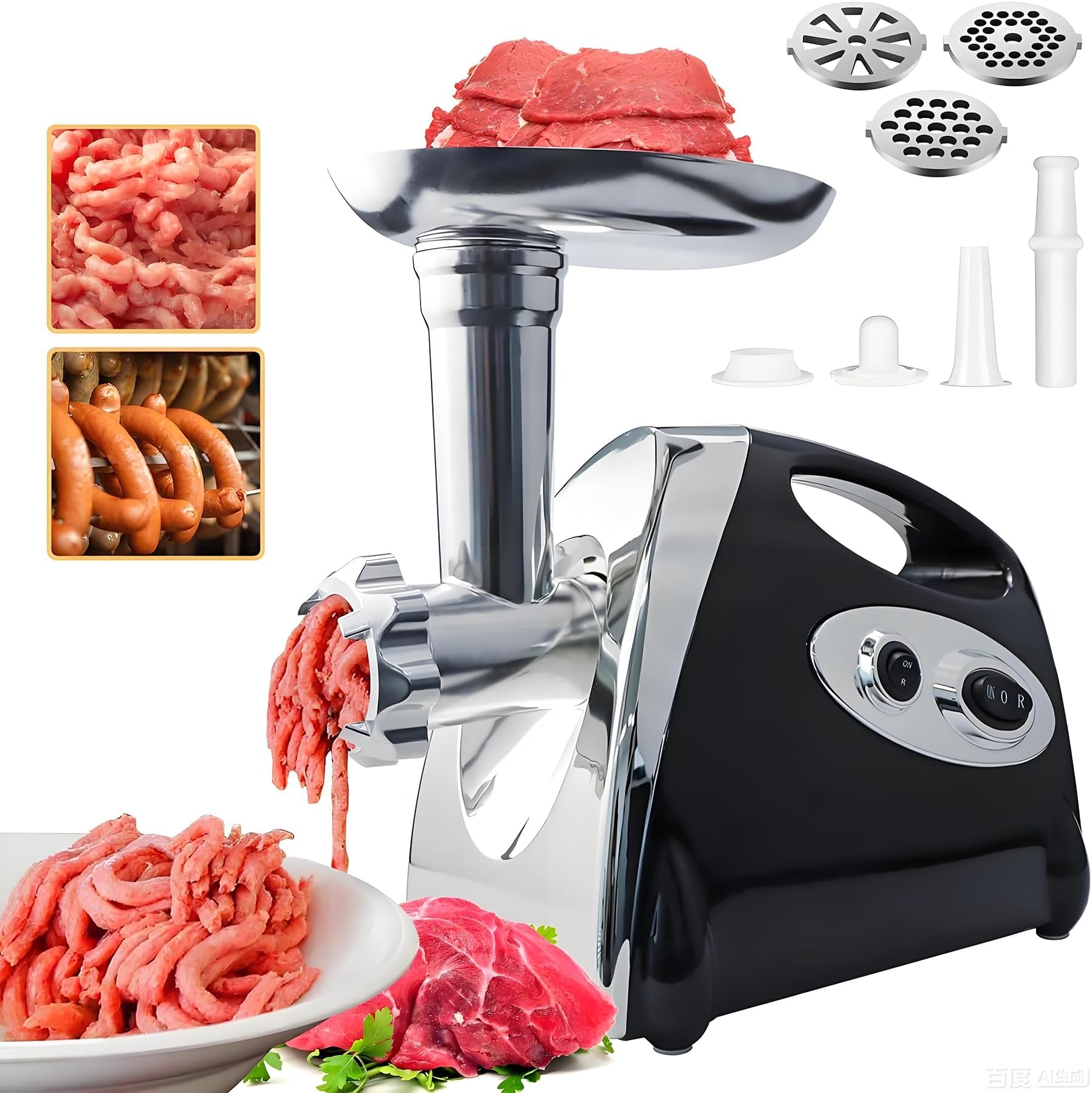 Electric Meat Grinder Mincer Max 2800W Copper Motor - 3 Grinding Plates & Kibbe Attachment for Sausage Making, Meat Mincing, Food Processing (Black)