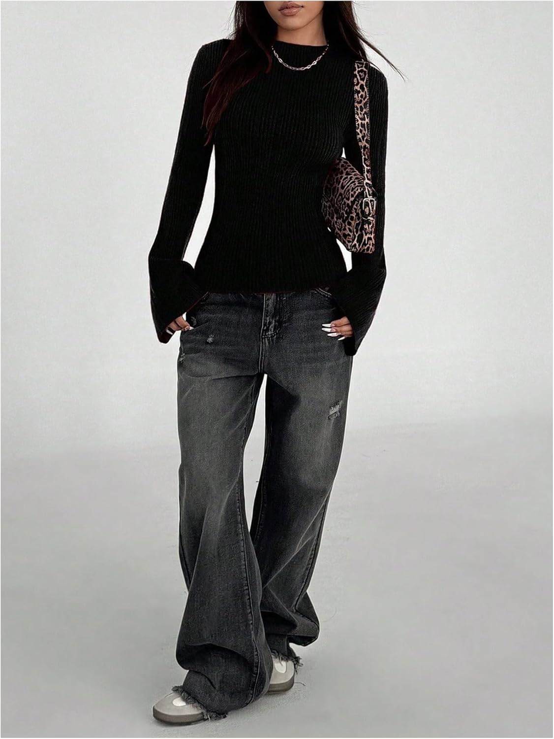 Women's Ribbed Knit Flared Sleeve Sweaters Mock Neck Slim Fit Knit Tops Basic Tops - Image 5