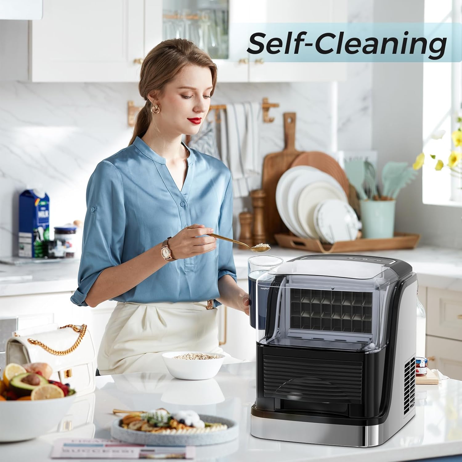 Woman performing self-cleaning on LHRIVER Ice Cube Maker