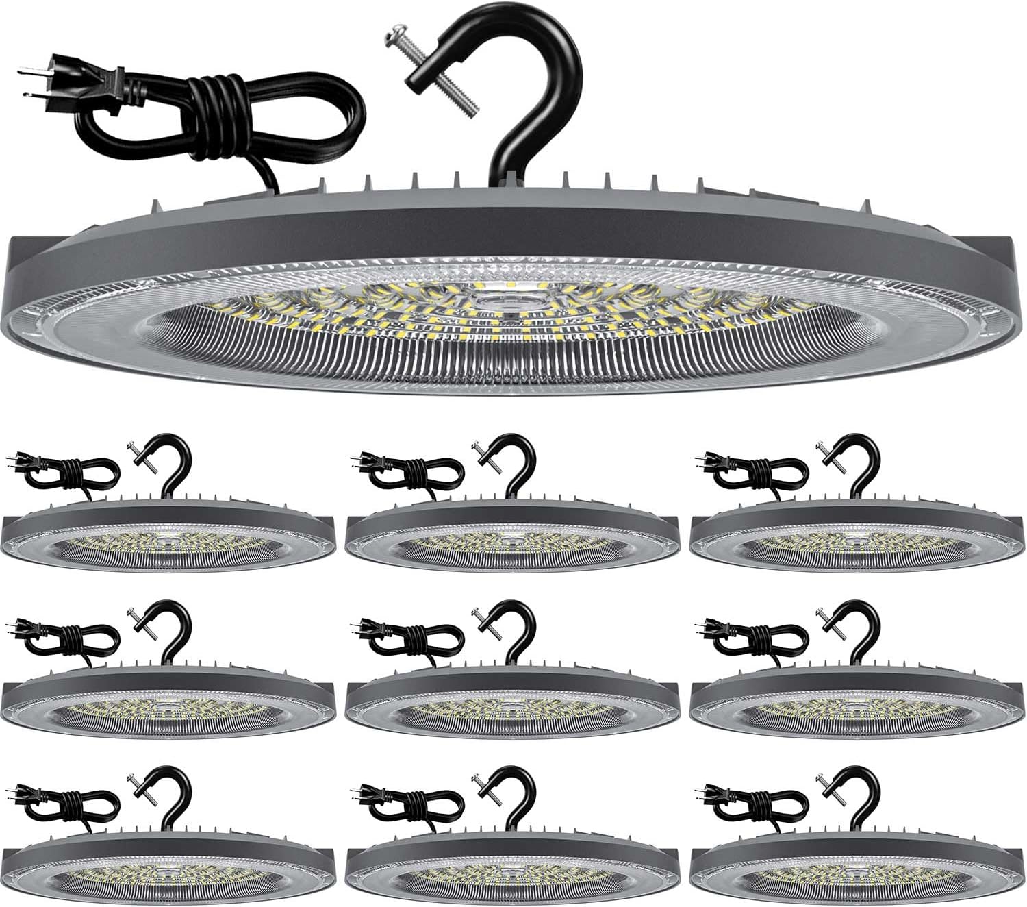 THELUX 200W 10Pack UFO Led High Bay Lights 5000K 28000LM(Equiv.800WMH/HPS), High Bay Led Shop Lights with US Plug&5Ft Cable Commercial Lighting Fixture for Warehouse,Garage,Gym,Workshop,Barn etc.
