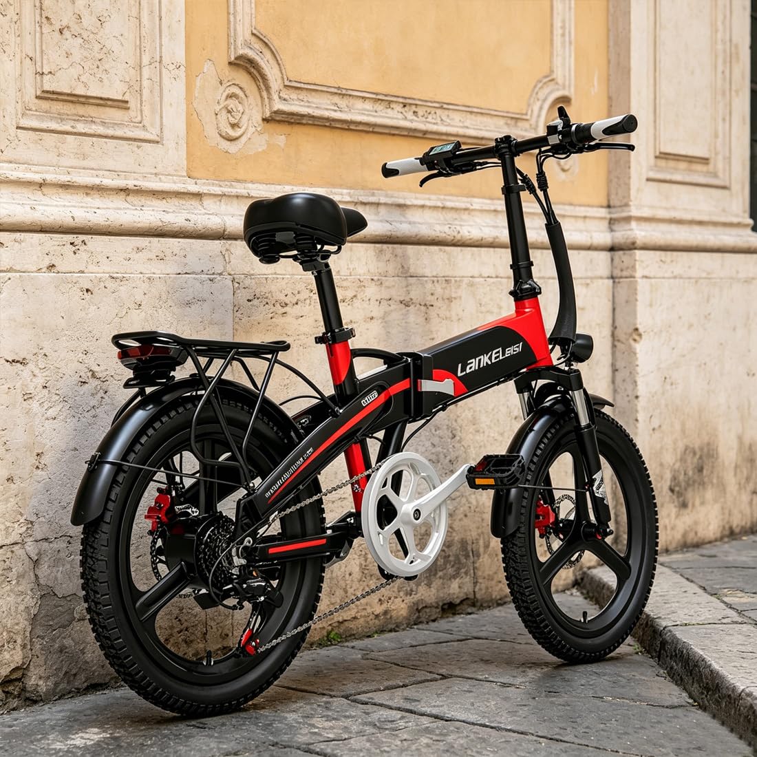 LANKELEISI La bicicletta elettrica pieghevole da città G660 è dotata di una batteria da 48V 12.8Ah e offre un'autonomia massima fino a 110 chilometri.