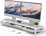 Fenge Dual Monitor Stand, moniteur Riser avec tiroir, 42.5 Inch grand moniteur d'ordinateur stand pour 2 Moniteurs, 2 Étagère de bureau en bois de niveau pour le haut du bureau, Oak