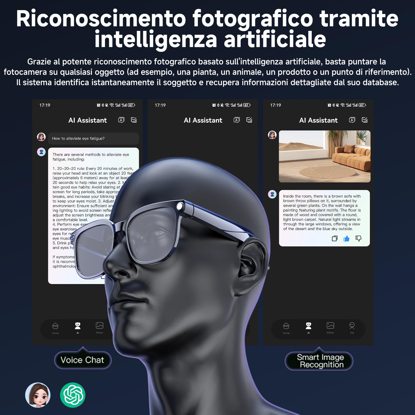 Occhiali intelligenti AI, Smart Glasses con 8K Fotocamera, 2 Paia di Lenti, registrazione video e audio HD 1080p, riproduzione musicale/Chiamate Bluetooth/Assistente AI/traduzione in tempo reale