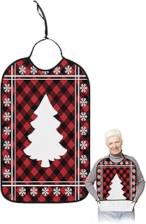 BOBOWUNY Christmas Tree Adult Bibs for Elder Women Men Eating, Red Black Plaid Winter Snowflake Waterproof & Washable Bibs for Eating Clothing Protector Dining Bibs for Crumb Catcher